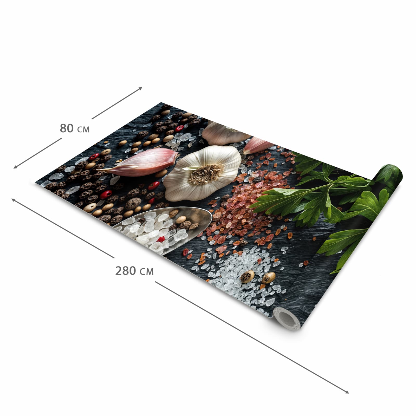 Geruchsneutraler waschbarer Küchenteppich mit Motiv Küchenzutaten in der Grösse 60x240 cm