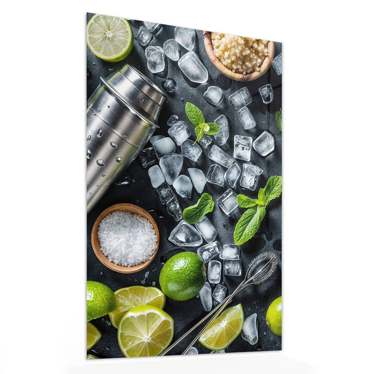 11 Größen – von 30 × 60 bis 60 × 150 cm – Wandbild - Shaker mit Limetten - Hochformat