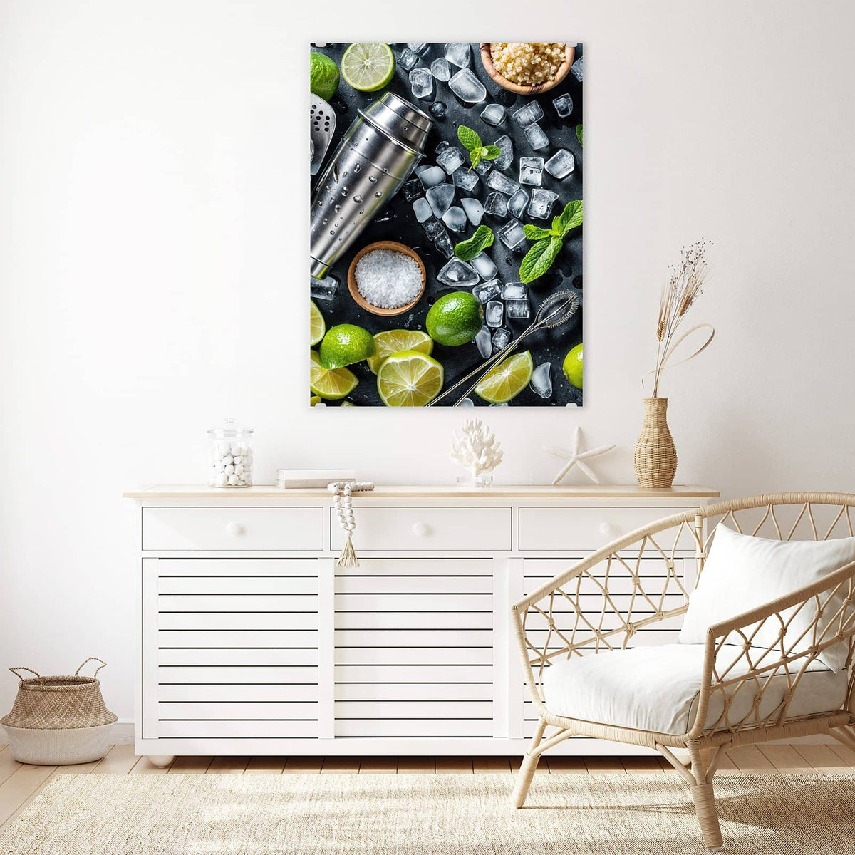 Aufhängung liegt bei – Motiv später wechselbar – Wandbild - Shaker mit Limetten - Hochformat