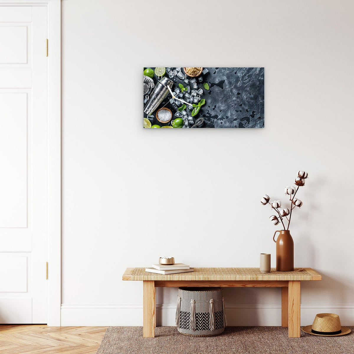 Moderne Wanduhr aus Glas mit Farbtiefe – Wanduhr Cocktail Zutaten aus Glas – Querformat 60 × 30 cm