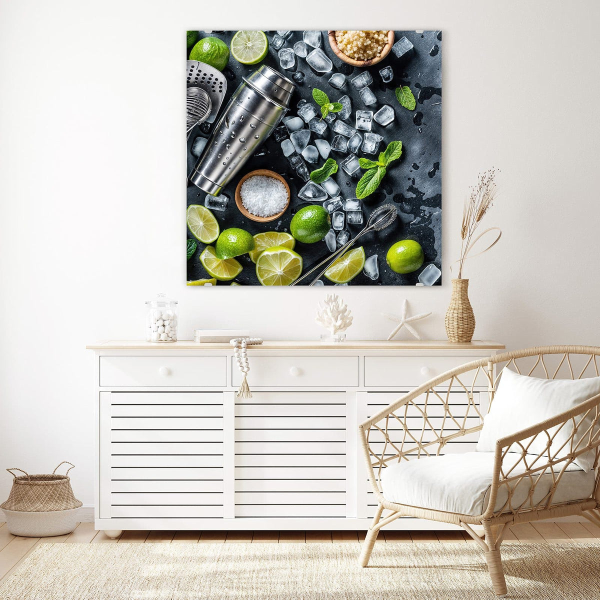 Echtglas, 4 mm – kein Acryl, keine Folie – Wandbild - Shaker mit Limetten - Quadratisch