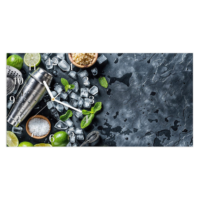 Wanduhr Cocktail Zutaten aus Glas – Querformat 60 × 30 cm mit Ziffernblatt Klassisch