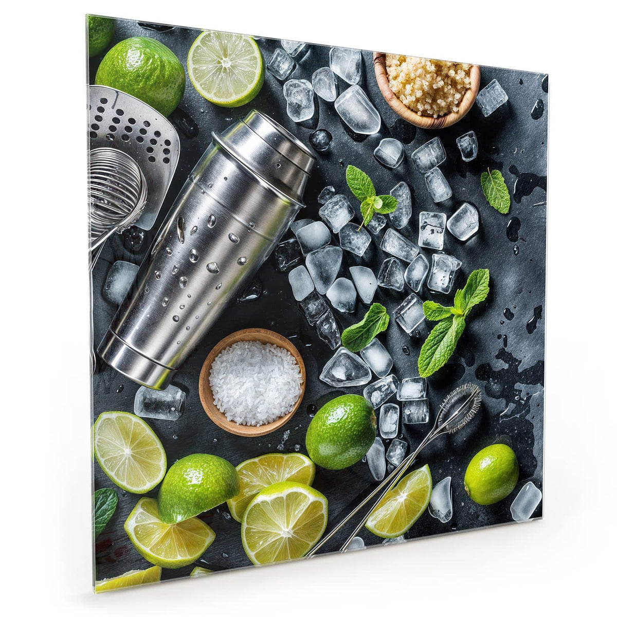 Küchenrückwand aus Glas im quadratischen Format: Draufsicht auf Schiefer: Edelstahl-Shaker, halbierte Limetten, Eiswürfel, Minze #grösse_40 x 40 cm #grösse_50 x 50 cm #grösse_60 x 60 cm