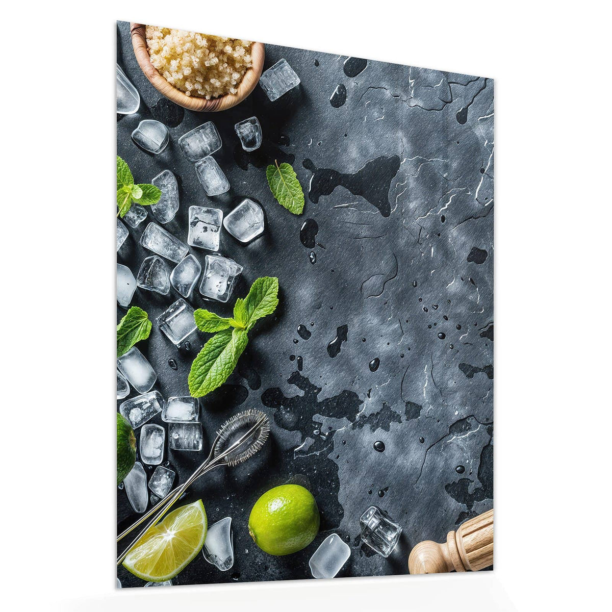 Echtglas, 4 mm – kein Acryl, keine Folie – Wandbild - Shaker mit Limetten - Hochformat