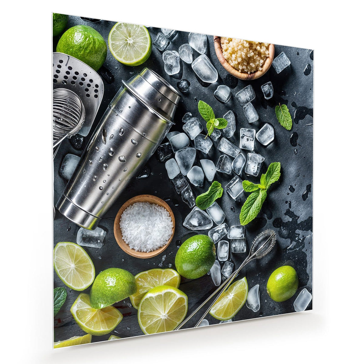 Draufsicht auf Schiefer: Edelstahl-Shaker, halbierte Limetten, Eiswürfel, Minze, Zucker und Salz in Holzschalen.