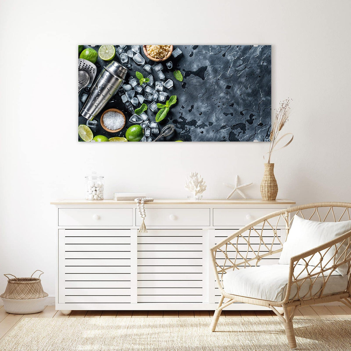 Echtglas, 4 mm – kein Acryl, keine Folie – Wandbild - Shaker mit Limetten - Querformat