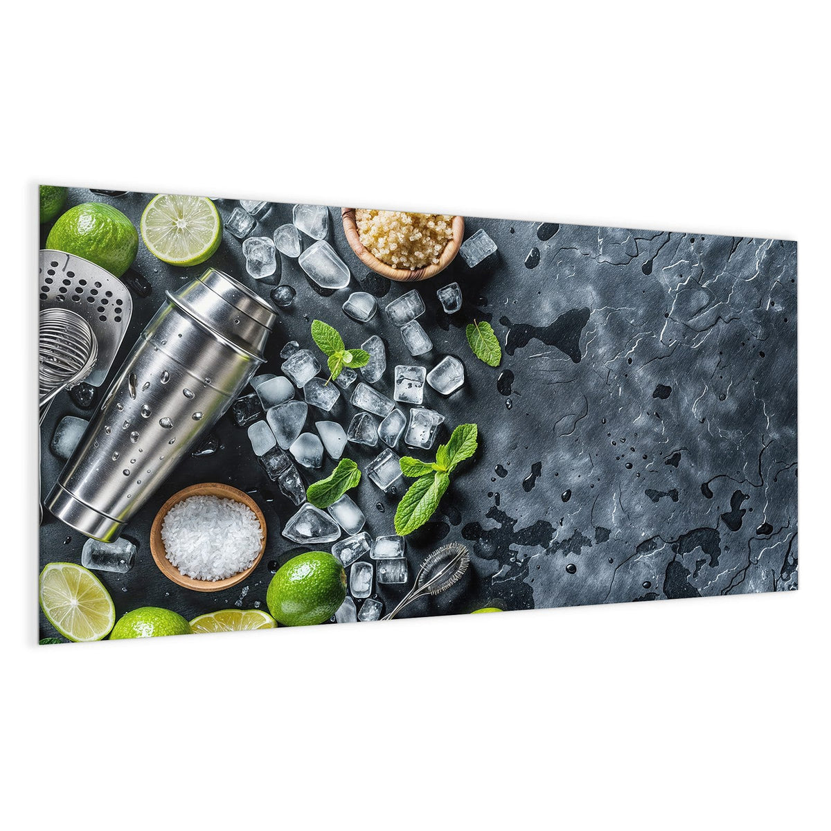 Draufsicht auf Schiefer: Edelstahl-Shaker, halbierte Limetten, Eiswürfel, Minze, Zucker und Salz in Holzschalen.