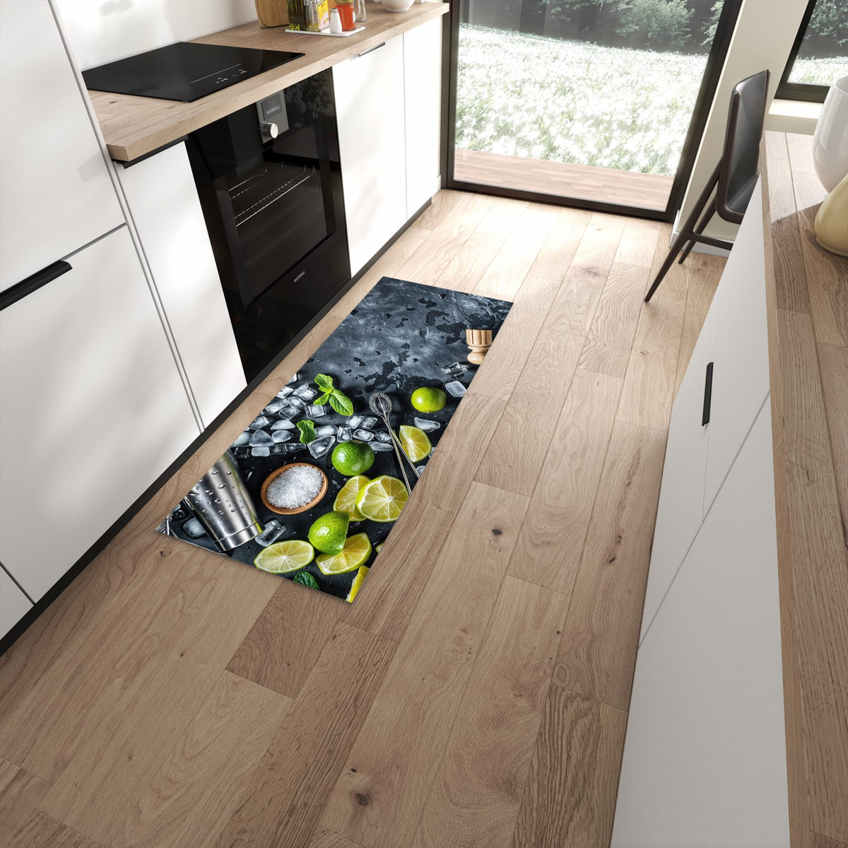 Bodenschonender rutschfester Küchenläufer mit Motiv Cocktail Zutaten in moderner Küche #grösse_60 x 150 cm
