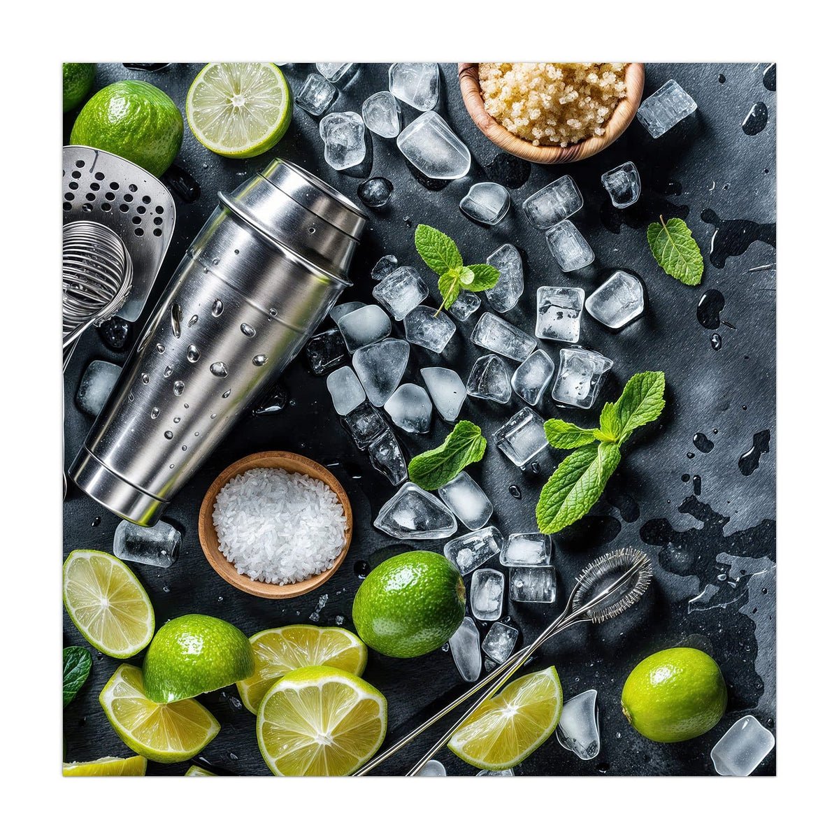 Küchenrückwand aus Glas Shaker mit Limetten im quadratischen Format, Motiv bildfüllend von vorn #grösse_40 x 40 cm #grösse_50 x 50 cm #grösse_60 x 60 cm
