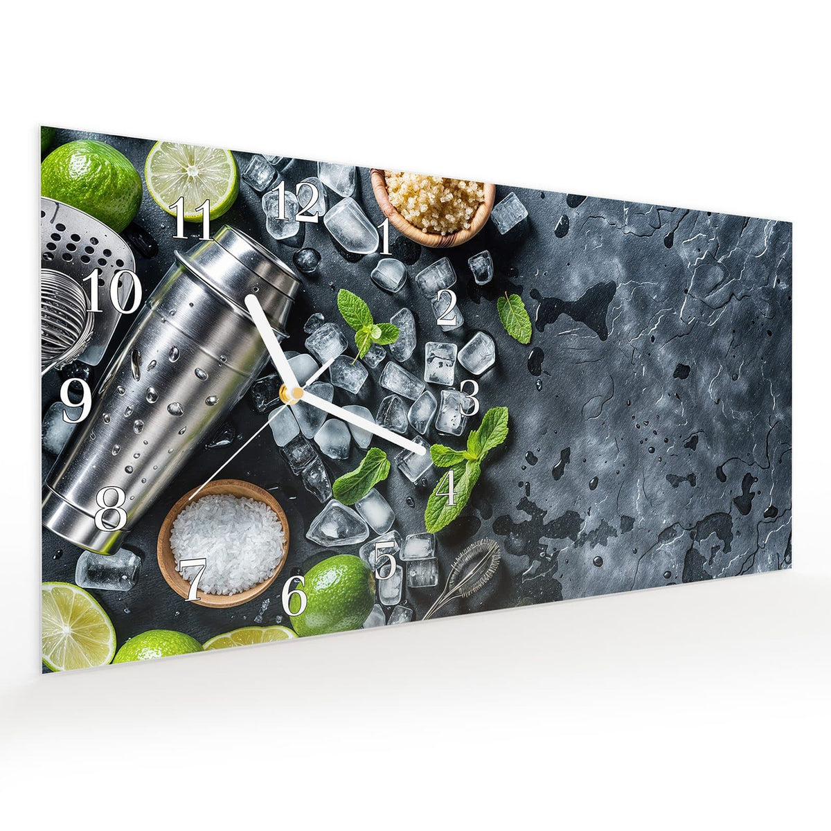 Vormontiert – mit Schwebeeffekt – Wanduhr Cocktail Zutaten aus Glas – Querformat 60 × 30 cm