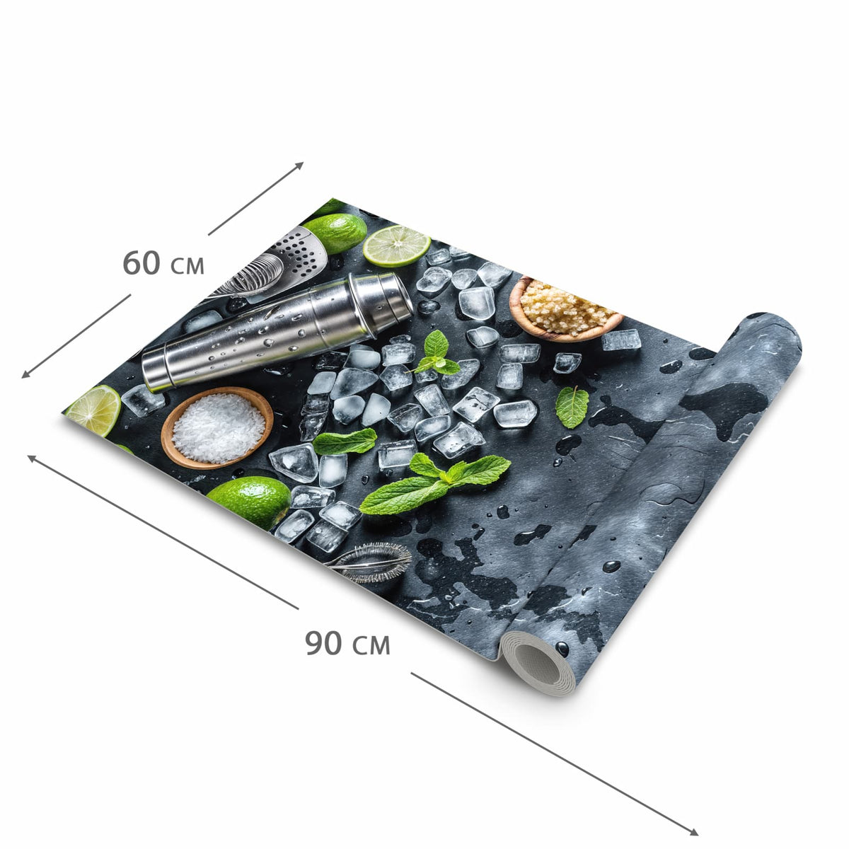 Rutschfester dünner Teppich mit Motiv Cocktail Zutaten in der Grösse 60x240 cm