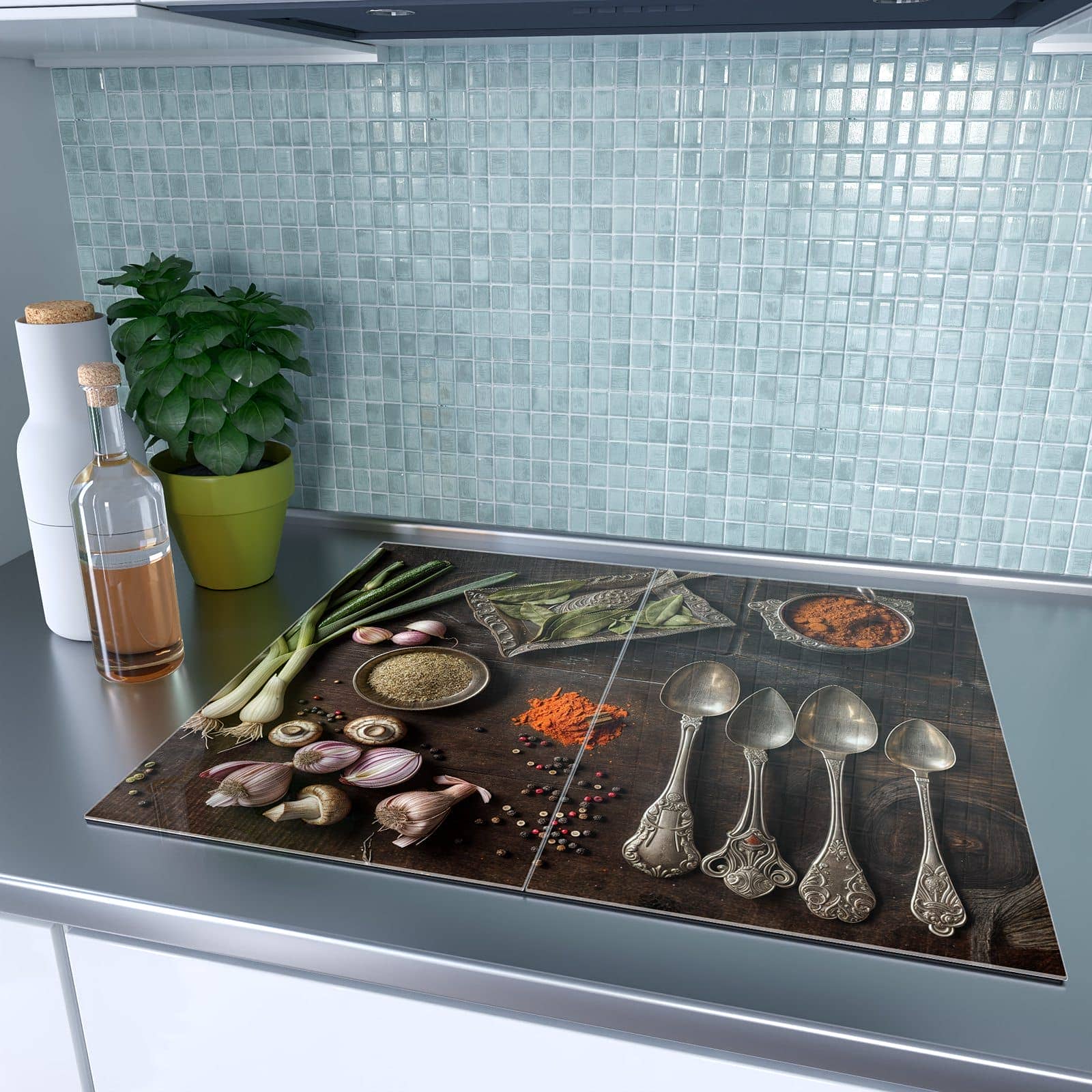 2-teilige Ceranfeld Abdeckplatten mit Kochen Leidenschaft-Motiv auf dem Ceranfeld