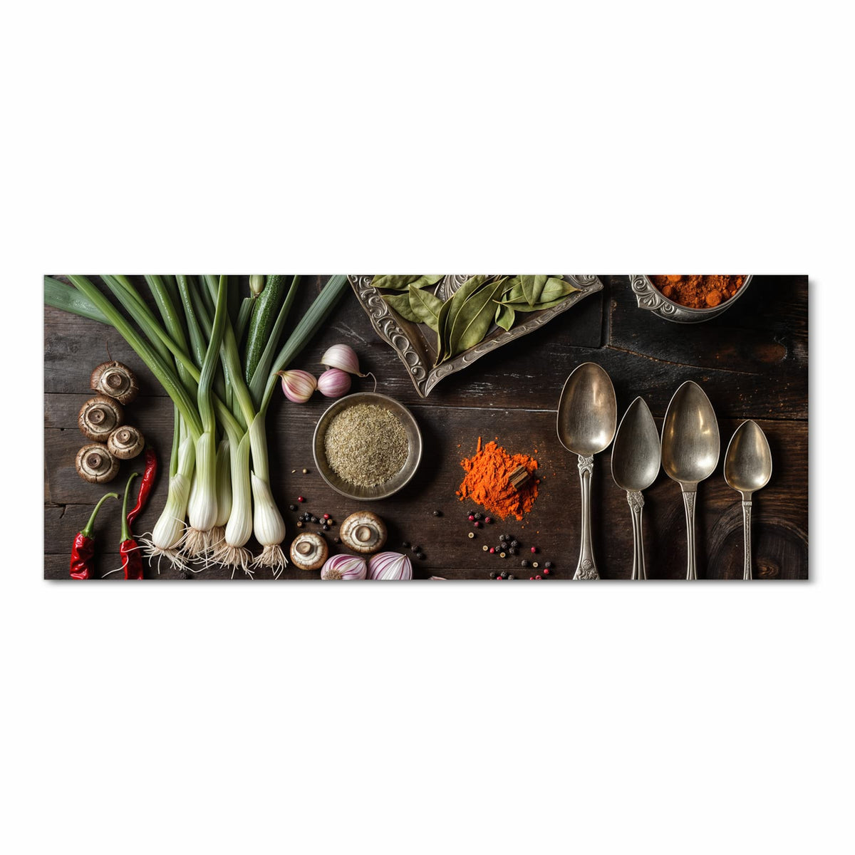 Dunkles Holz mit Frühlingszwiebeln, Zucchini, Champignons, roten Chilis, Knoblauch, Lorbeerblättern, Pfefferkörnern und Paprikapulver