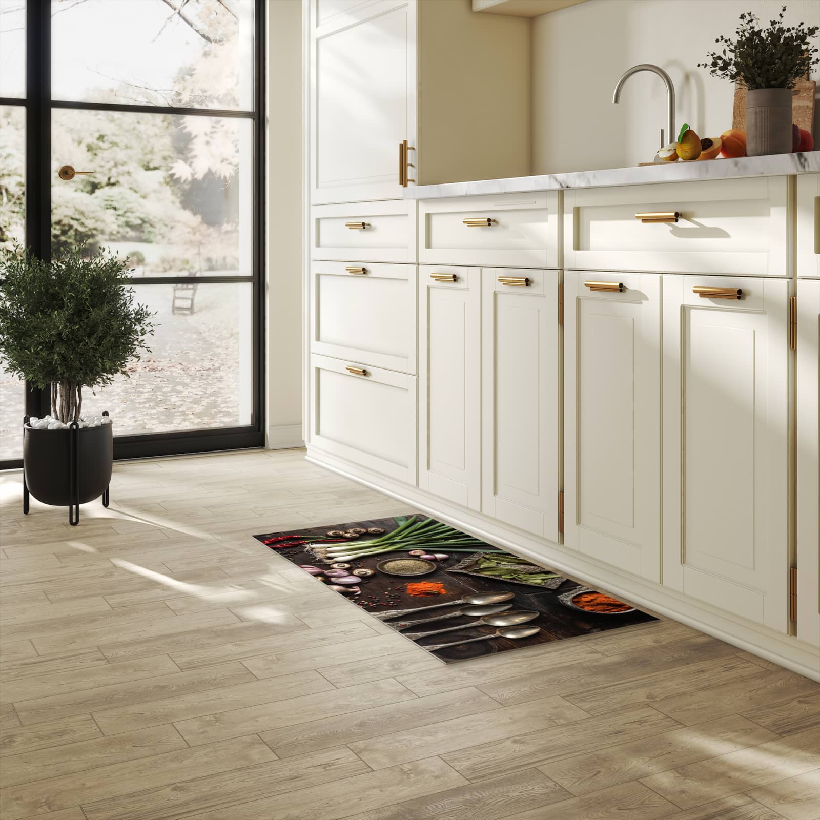 Flacher Läufer mit Motiv Kochen Leidenschaft für rutschfesten Halt in heller Küche