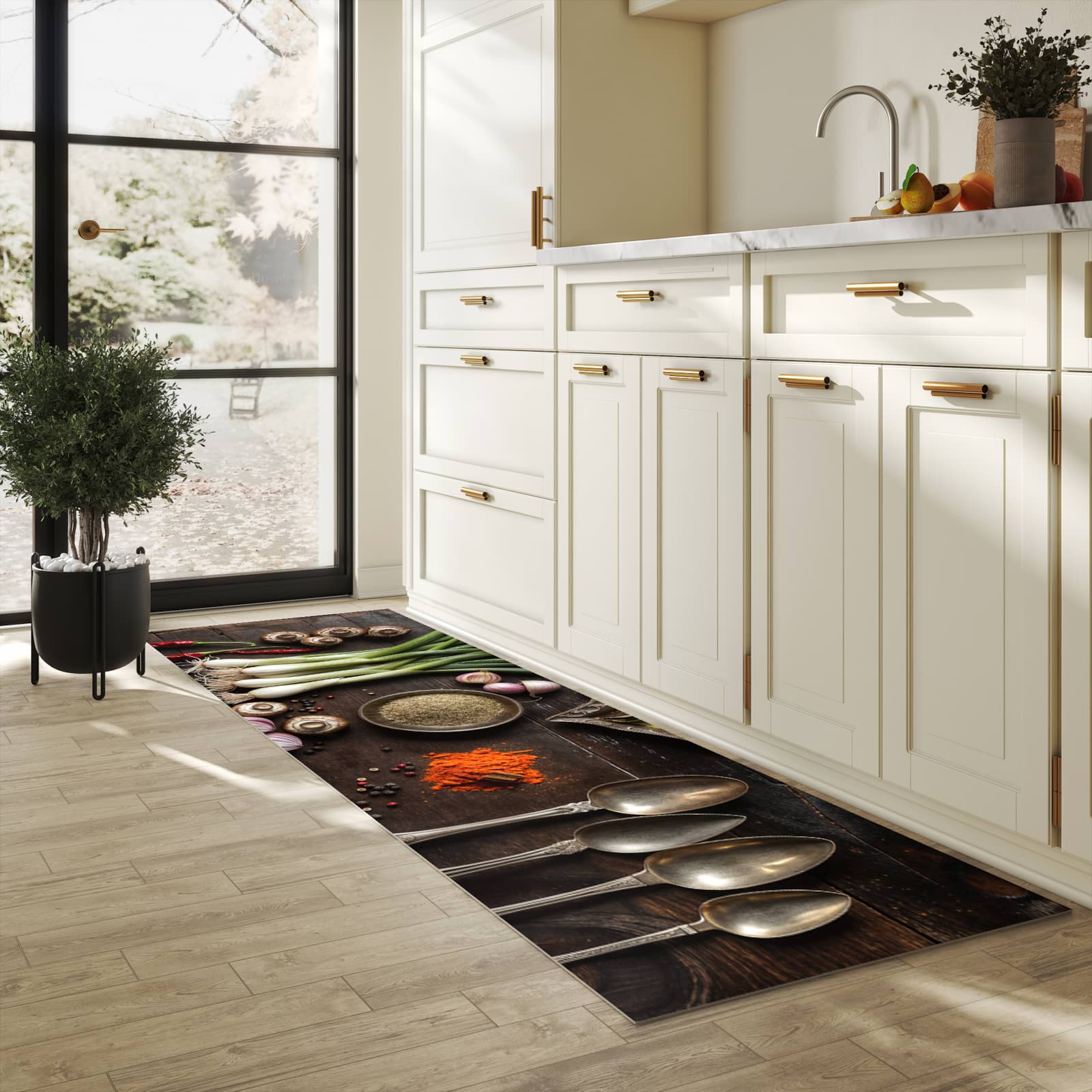 Langlebiger Küchenteppich mit Motiv Kochen Leidenschaft in heller Küche