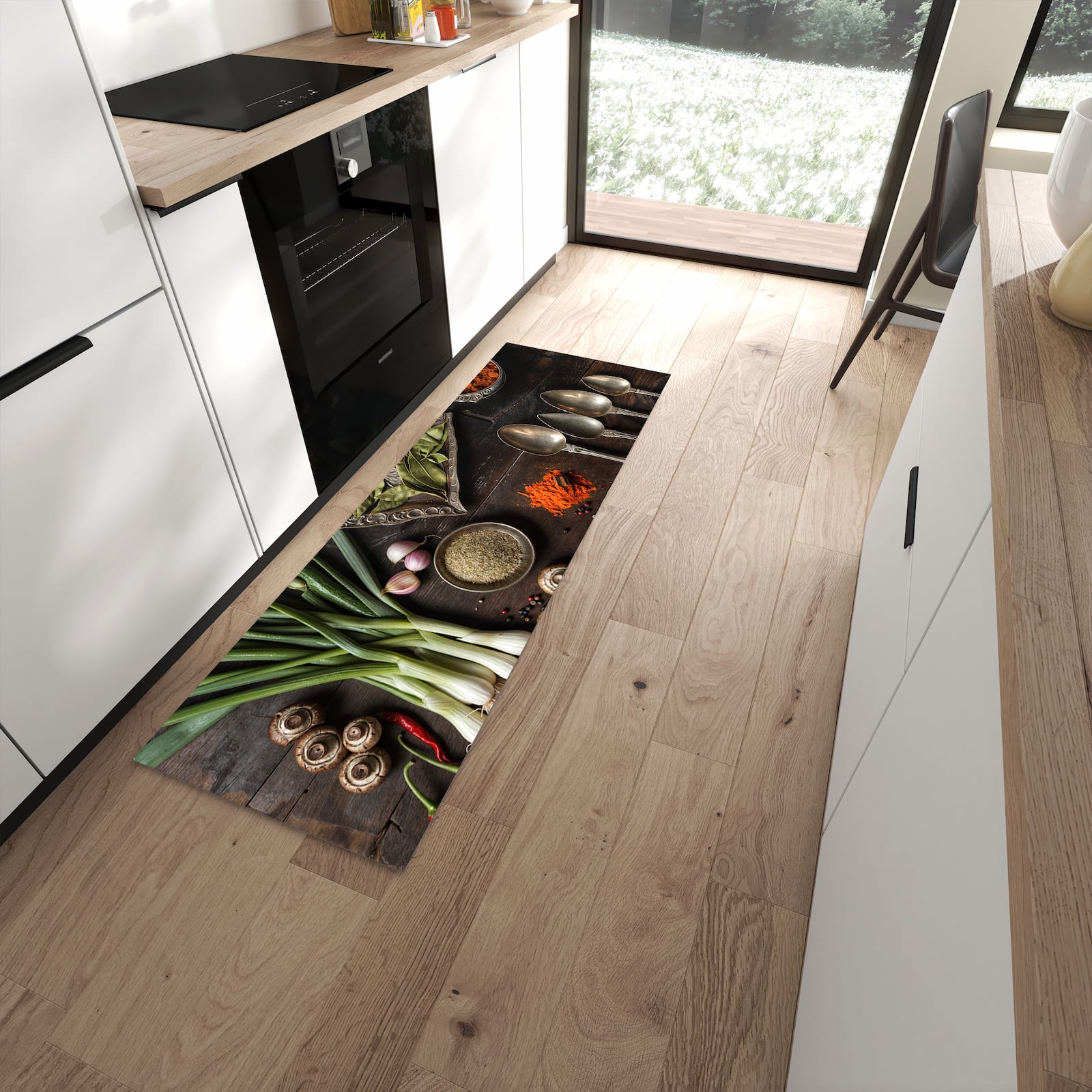 Komfortabler waschbarer Küchenteppich mit Motiv Kochen Leidenschaft in moderner Küche