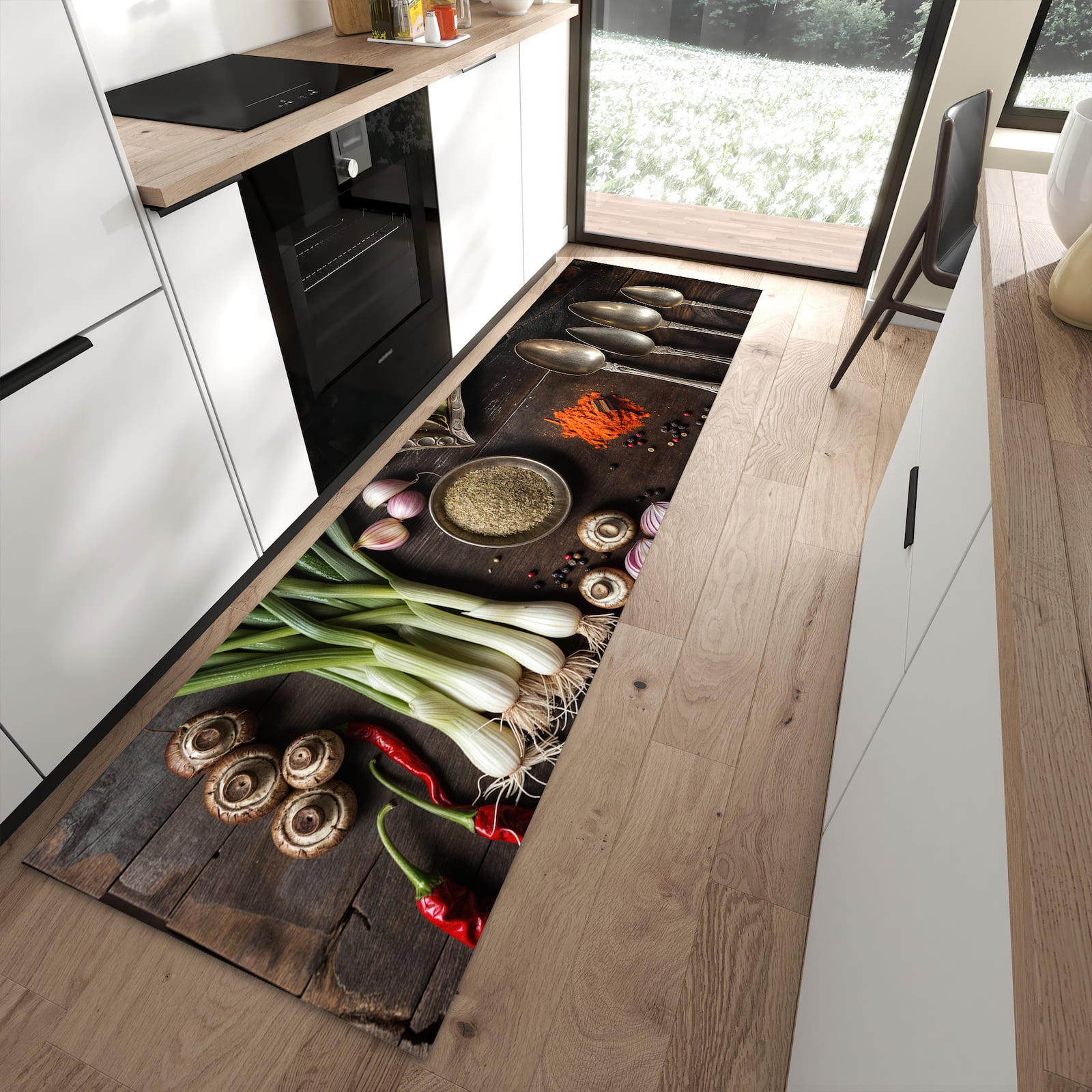 Langlebiger Küchenläufer mit Motiv Kochen Leidenschaft in moderner Küche