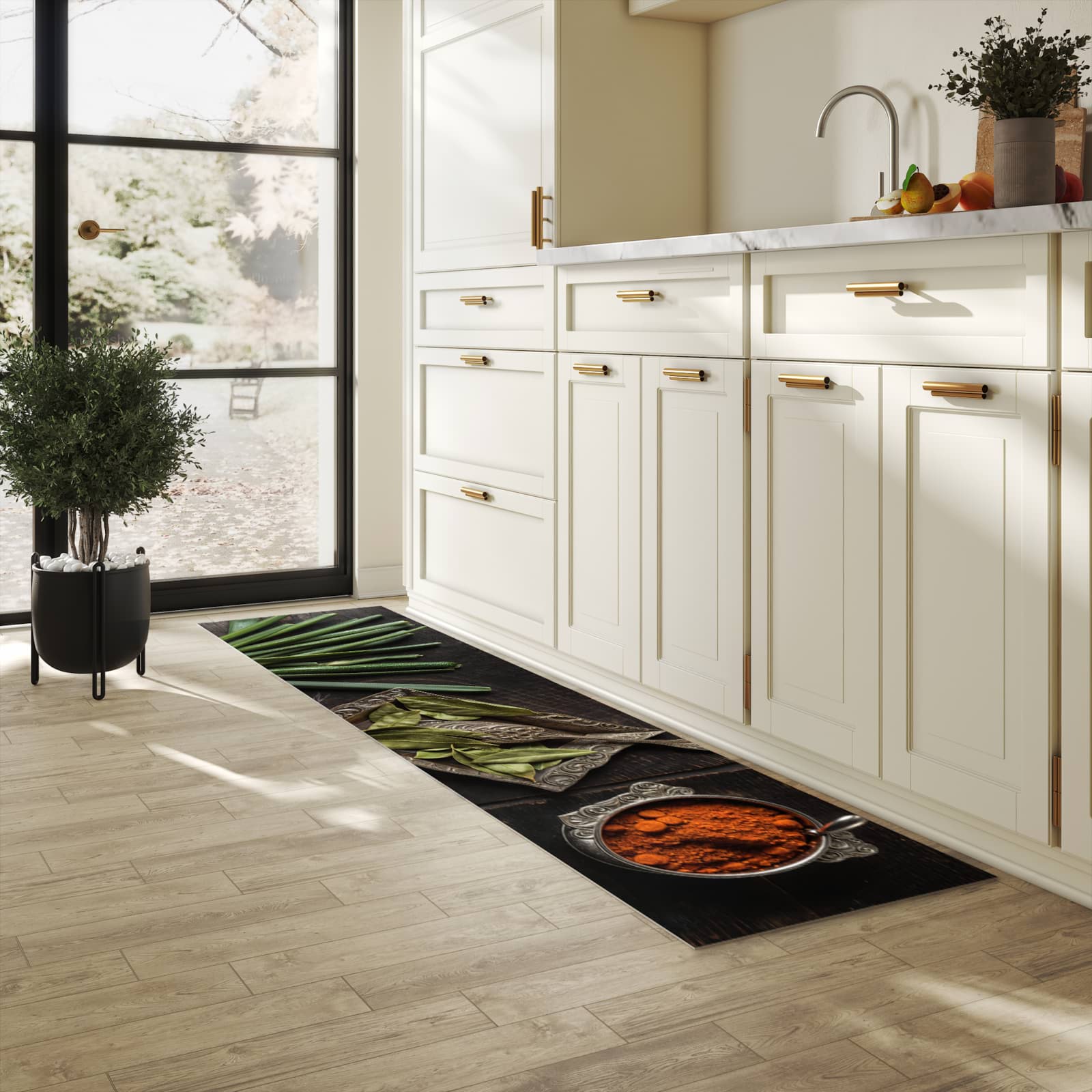 Waschbarer Teppich fürs Esszimmer mit Motiv Kochen Leidenschaft in heller Küche