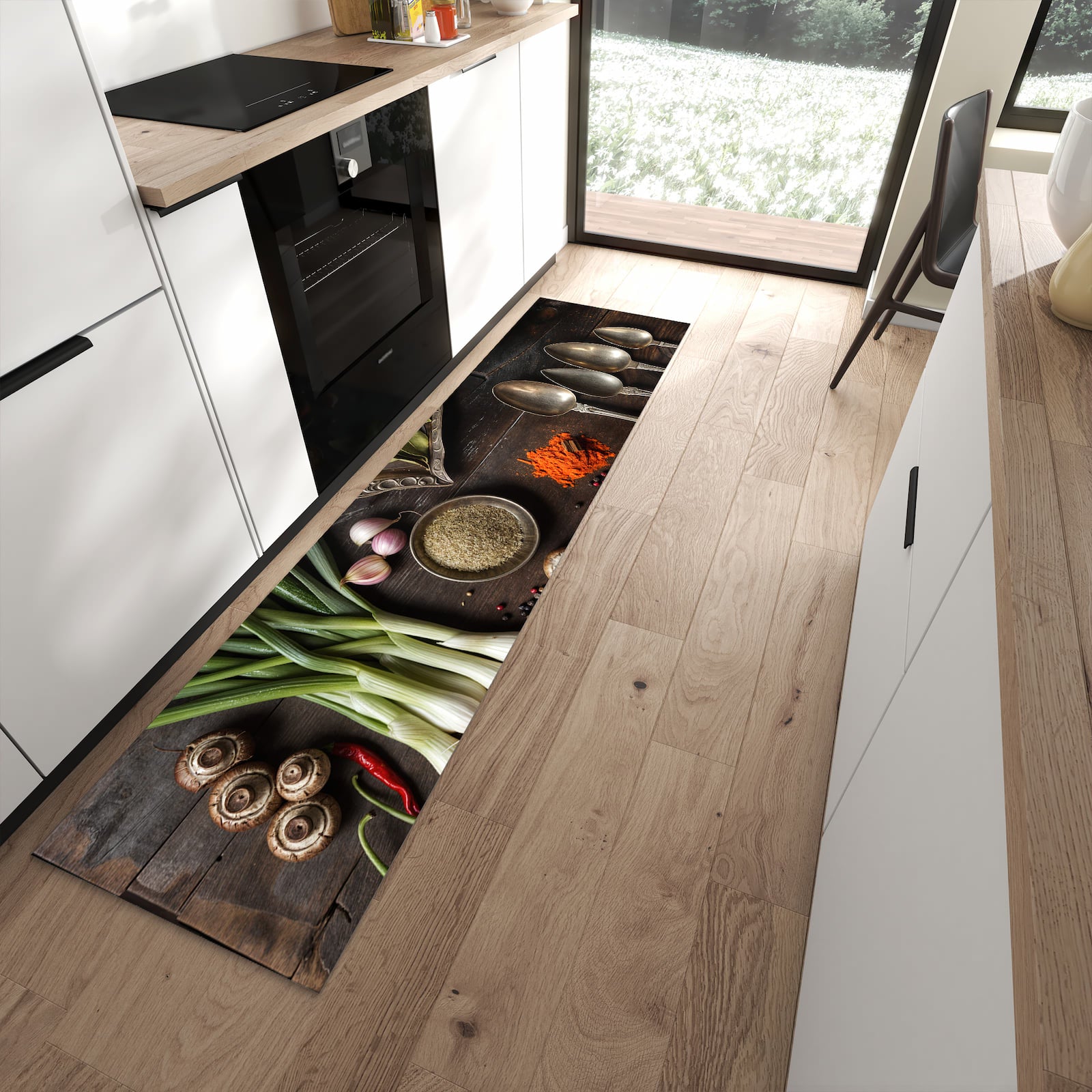 Rutschfester waschbarer Küchenteppich mit Motiv Kochen Leidenschaft in moderner Küche