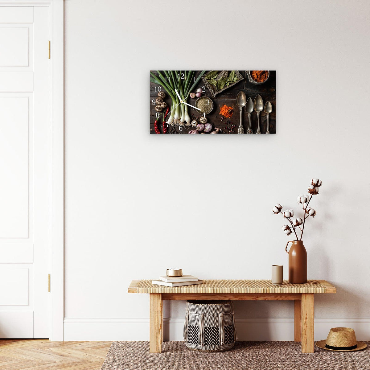 Moderne Wanduhr aus Glas mit Farbtiefe – Wanduhr Kochen Leidenschaft aus Glas – Querformat 60 × 30 cm