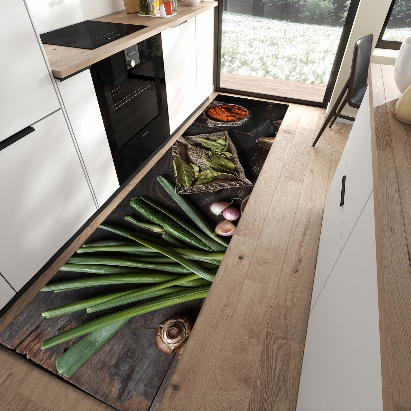 Rutschfester Küchenläufer mit Motiv Kochen Leidenschaft in moderner Küche