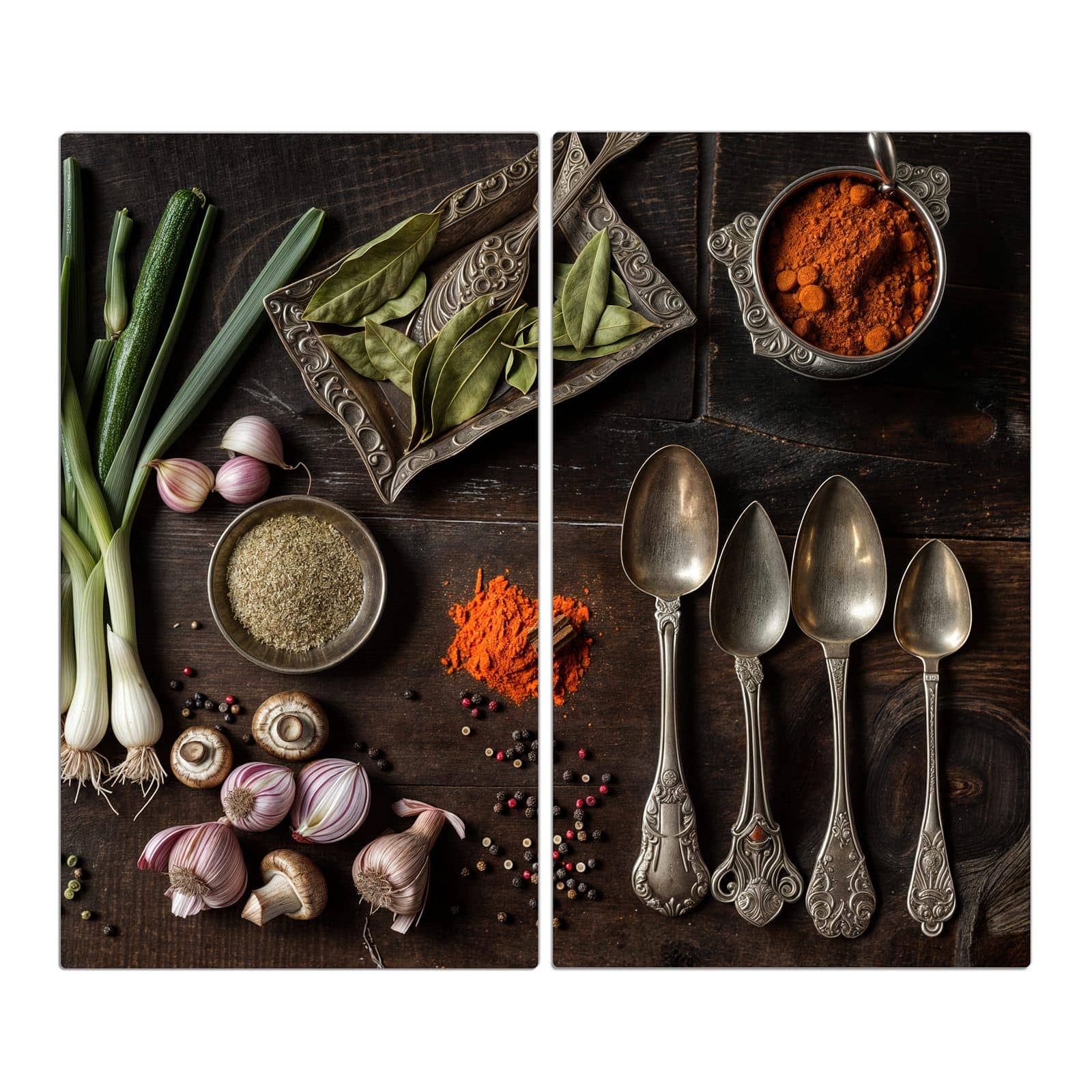 2-teilige Herdabdeckplatte aus Glas mit Kochen Leidenschaft-Motiv in der Frontansicht #grösse_2-Teilig (60x52cm)