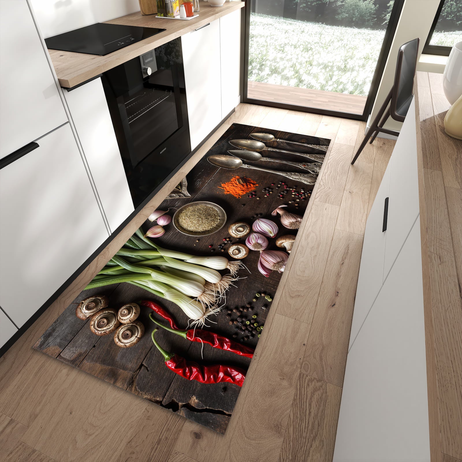 Bodenschonender rutschfester Küchenläufer mit Motiv Kochen Leidenschaft in moderner Küche