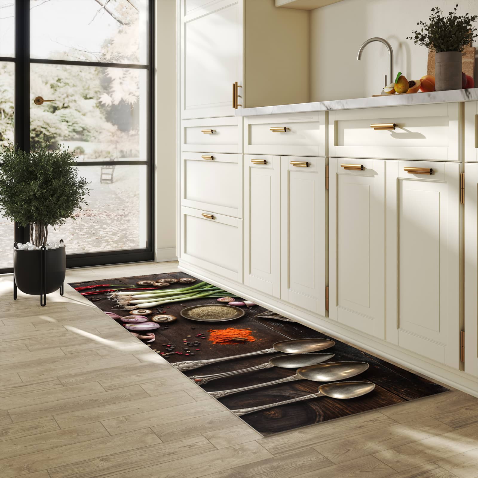 Waschbarer Bodenläufer Teppich mit Motiv Kochen Leidenschaft in heller Küche