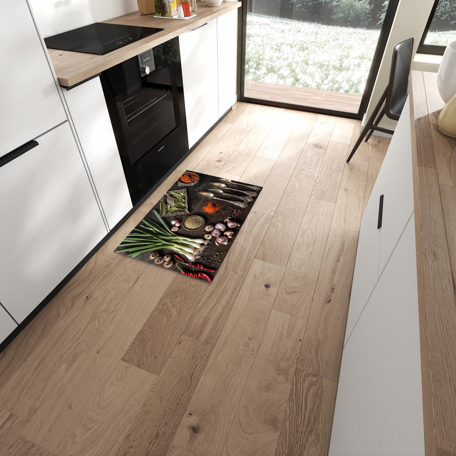 Hygienischer Küchenteppich mit Motiv Kochen Leidenschaft in moderner Küche - waschbar