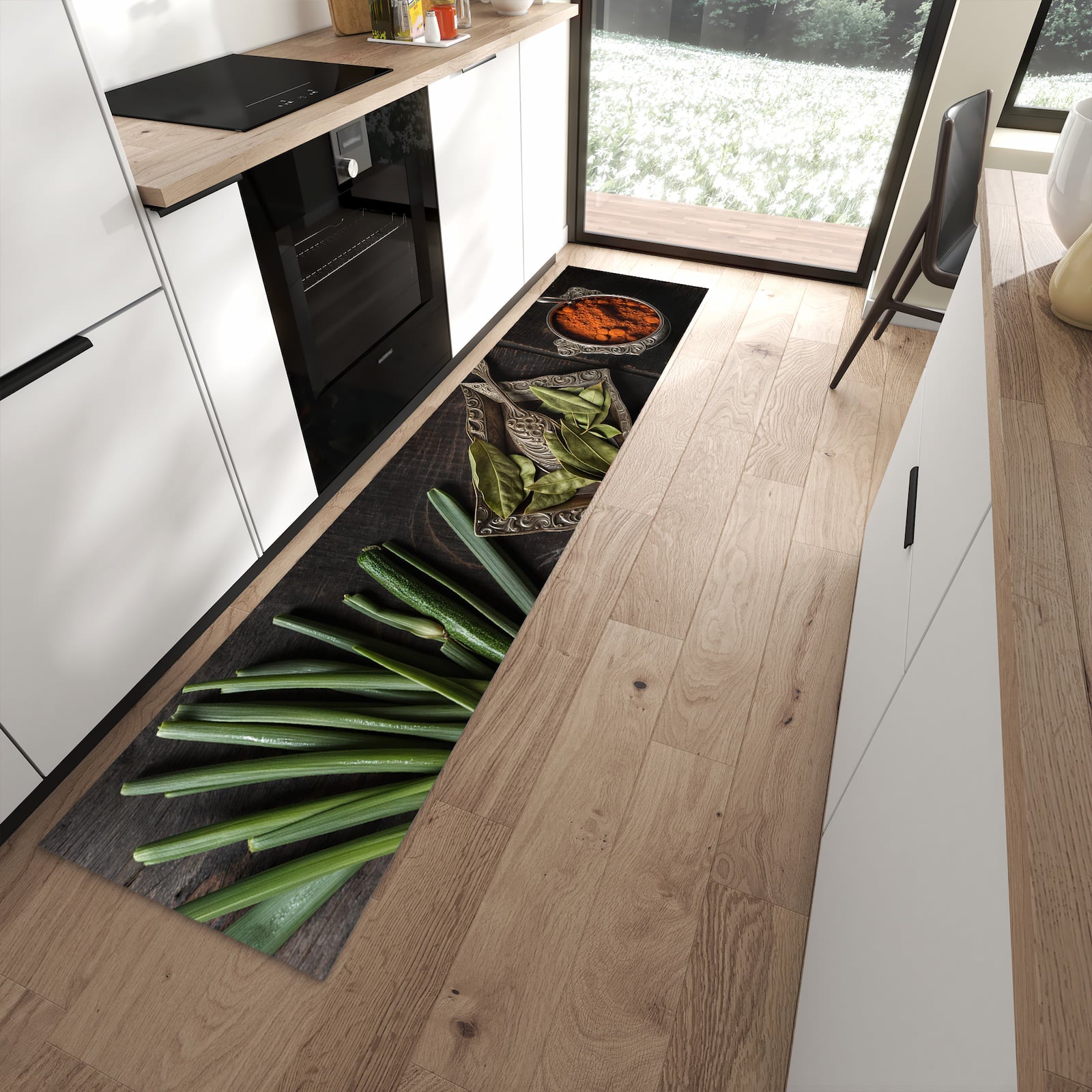 Pflegeleichter großer Küchenteppich mit Motiv Kochen Leidenschaft in moderner Küche