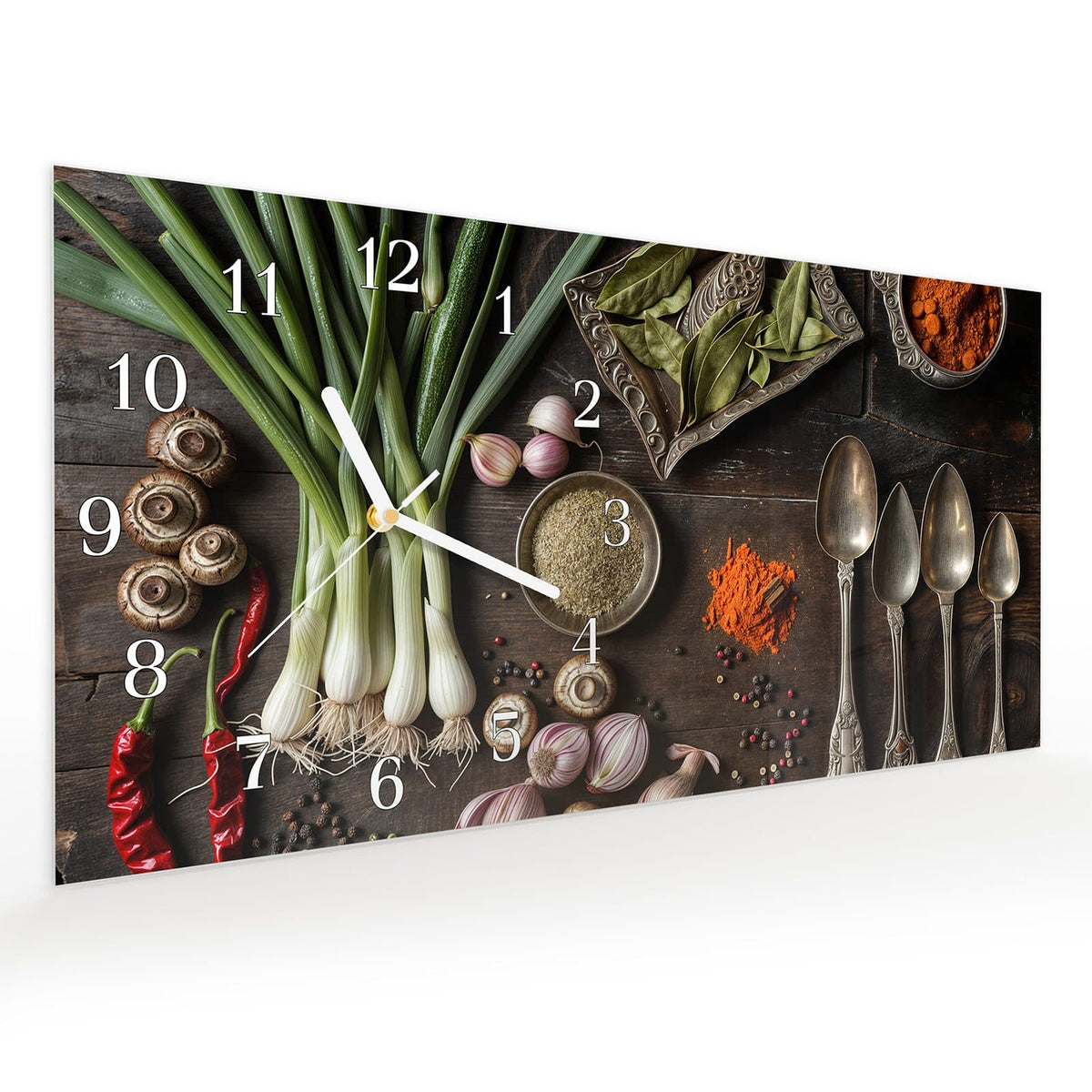 Vormontiert – mit Schwebeeffekt – Wanduhr Kochen Leidenschaft aus Glas – Querformat 60 × 30 cm