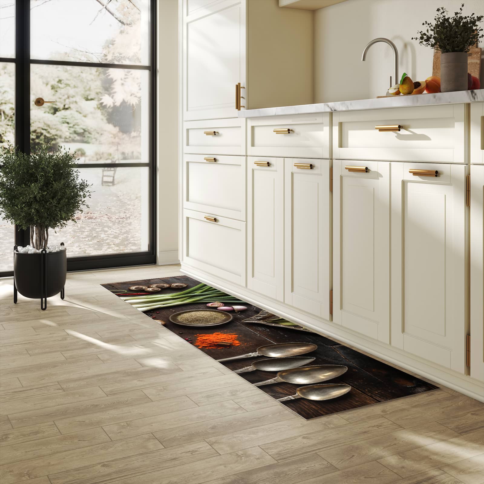 Rutschfester dünner Küchenteppich mit Motiv Kochen Leidenschaft in heller Küche