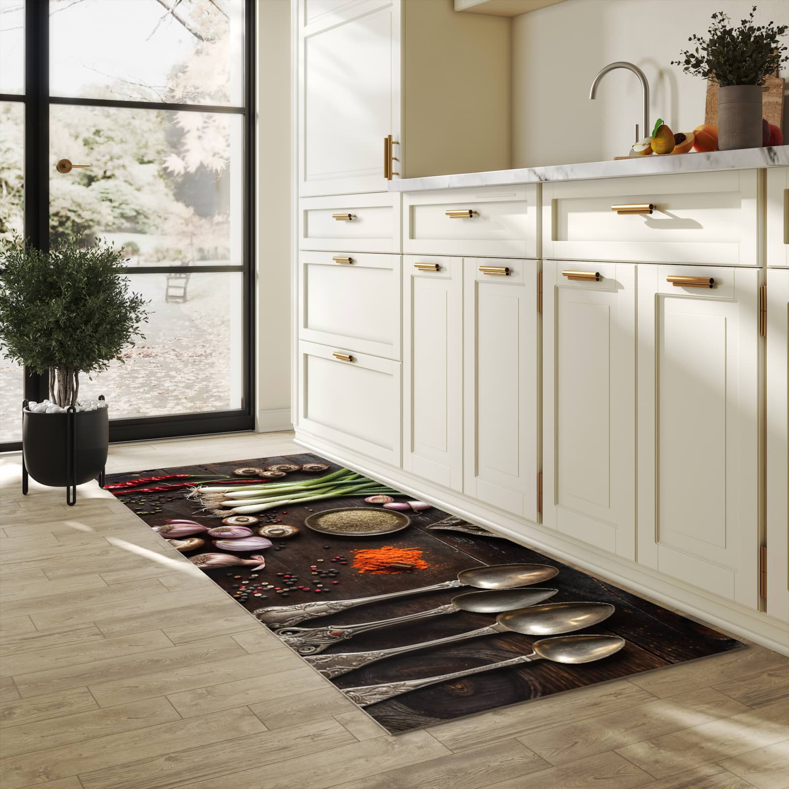 Rutschfester Küchenteppich mit Motiv Kochen Leidenschaft in heller Küche schützt den Boden