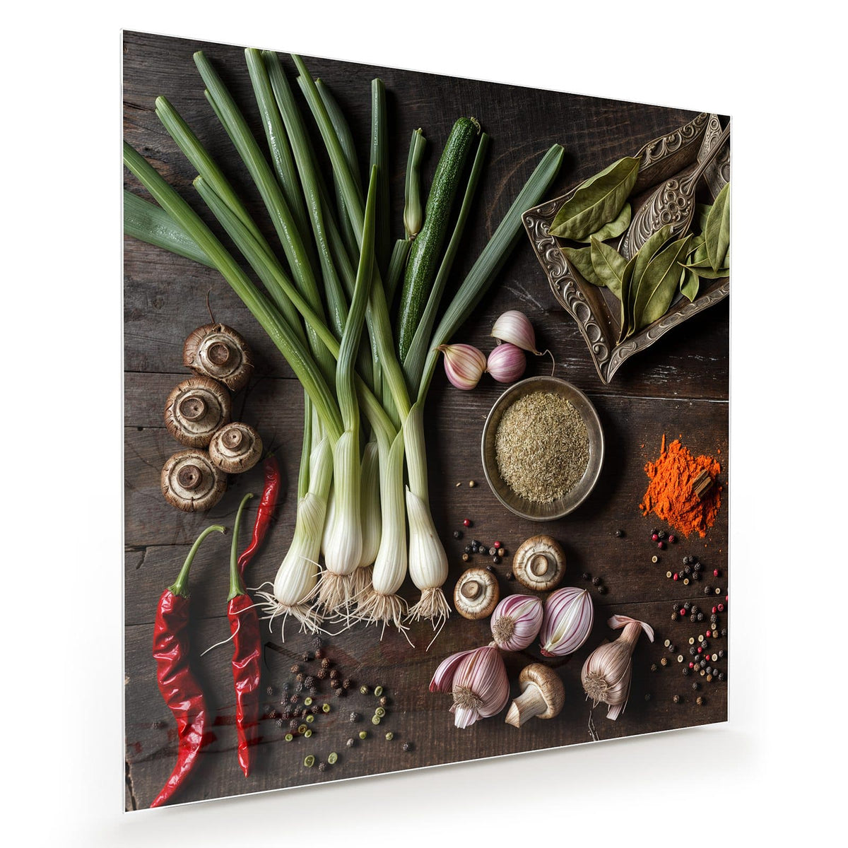 Dunkles Holz mit Frühlingszwiebeln, Zucchini, Champignons, roten Chilis, Knoblauch, Lorbeerblättern, Pfefferkörnern und Paprikapulver
