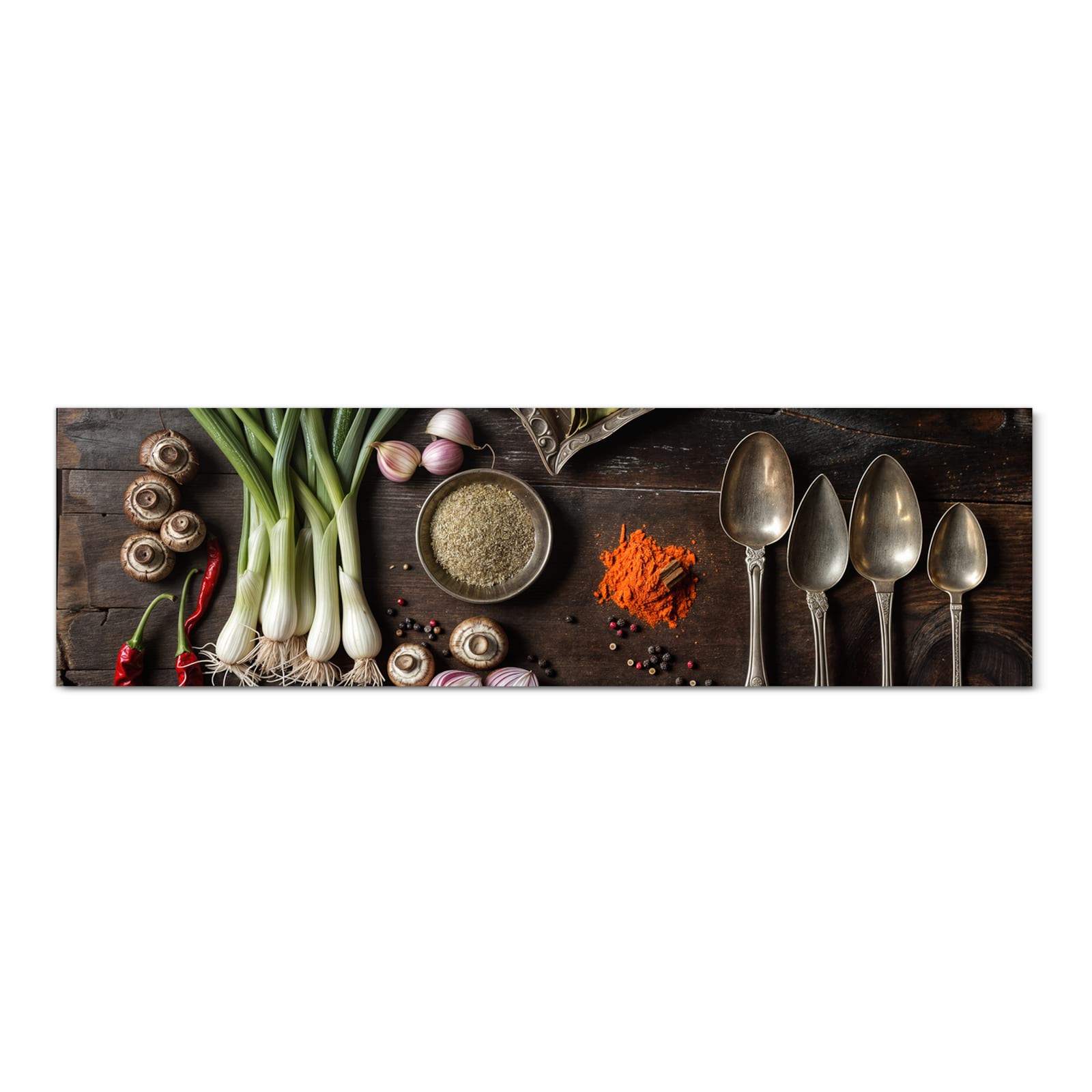 Waschbarer dünner Küchenteppich mit Motiv Kochen Leidenschaft in Frontansicht für Ordnung