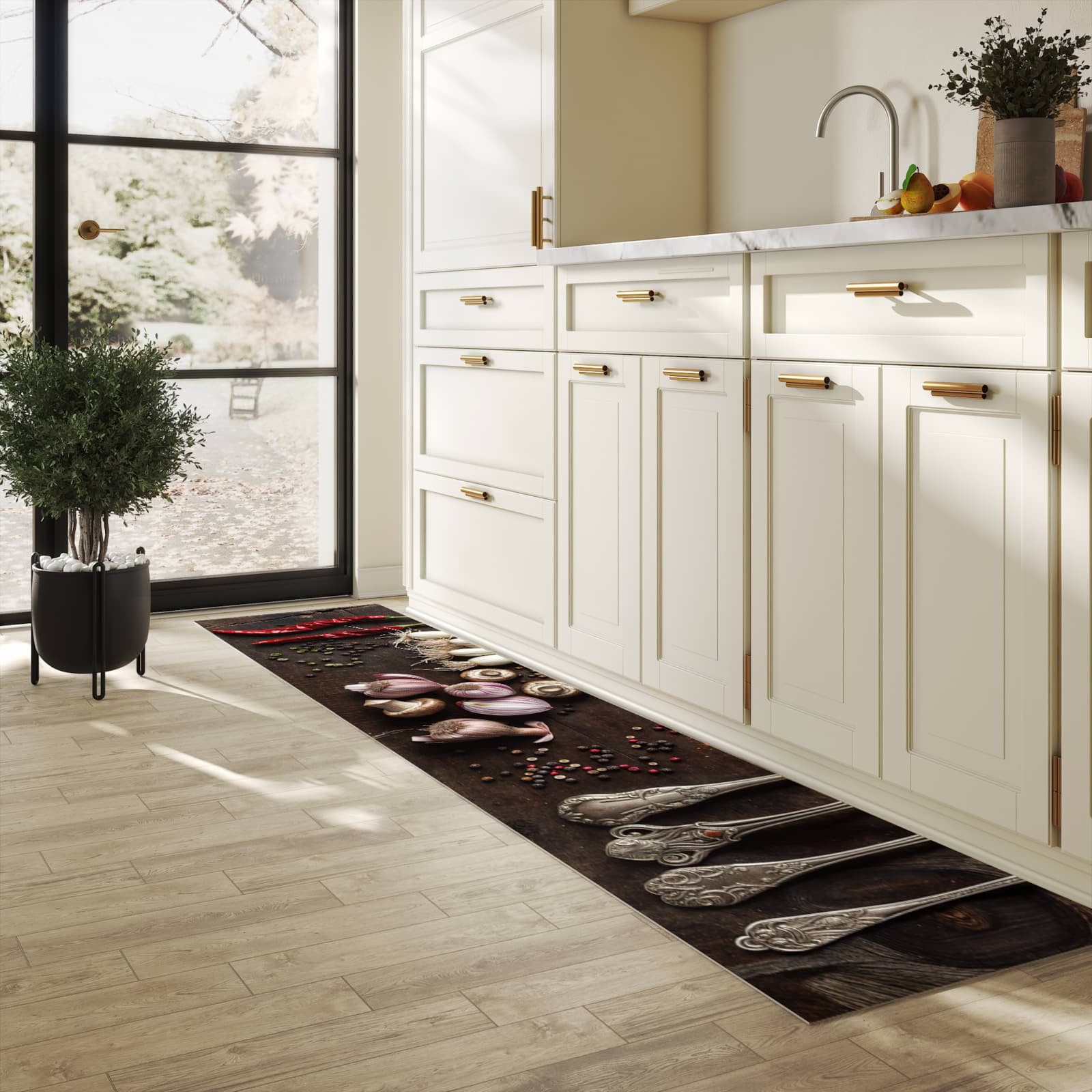 Küchenteppich mit angenehmer Haptik und Motiv Kochen Leidenschaft in heller Küche, waschbar