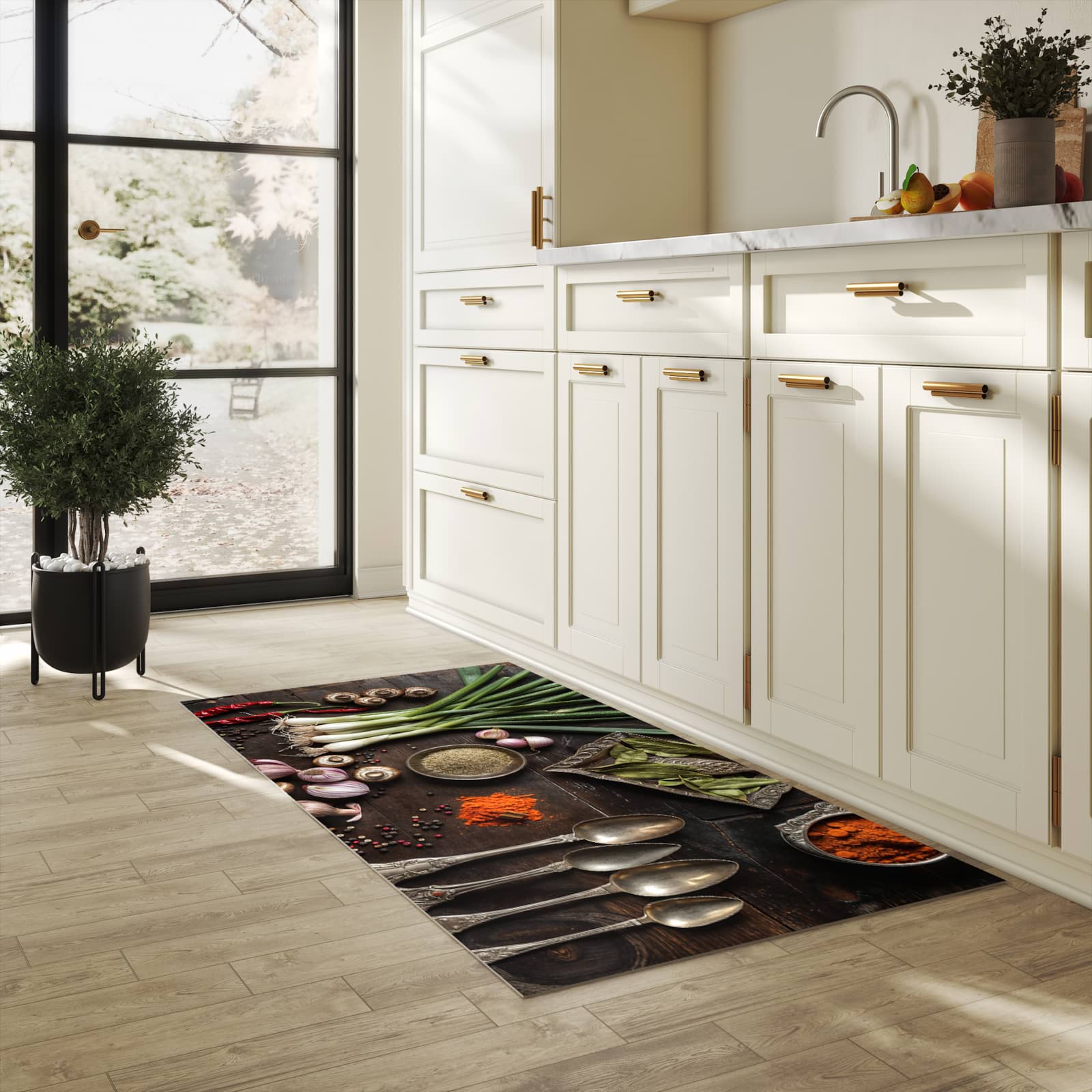 Feuchtigkeitsresistenter Küchenteppich mit Motiv Kochen Leidenschaft in heller Küche