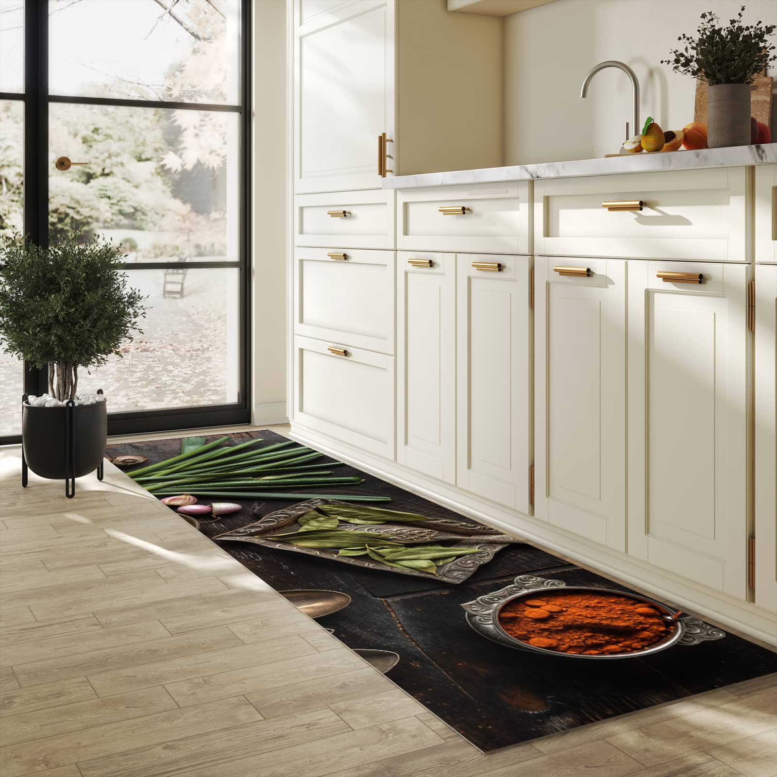 Rutschfester Küchenteppich mit Motiv Kochen Leidenschaft in heller Küche