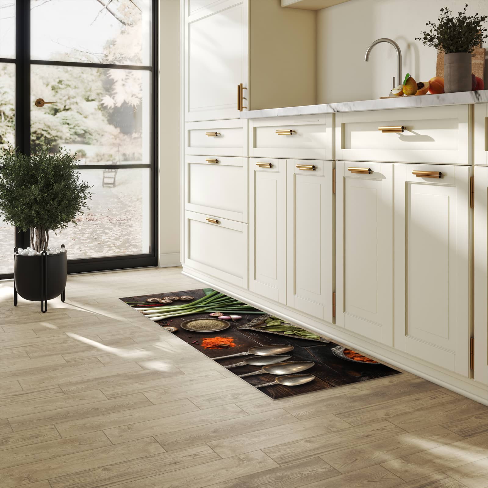 Komfortabler rutschfester Küchenteppich mit Motiv Kochen Leidenschaft in heller Küche