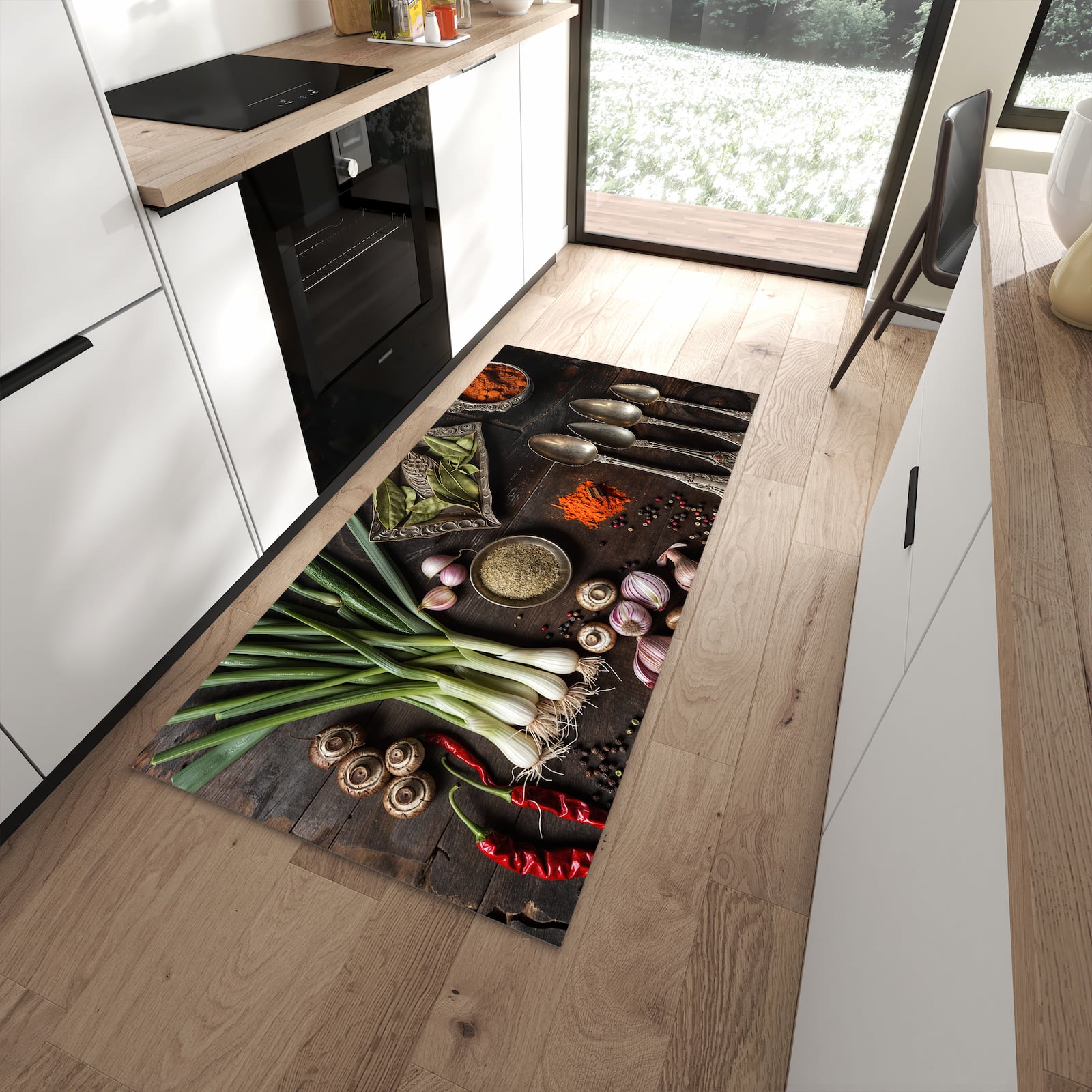 Feuchtigkeitsresistenter rutschfester Küchenläufer mit Motiv Kochen Leidenschaft in moderner Küche