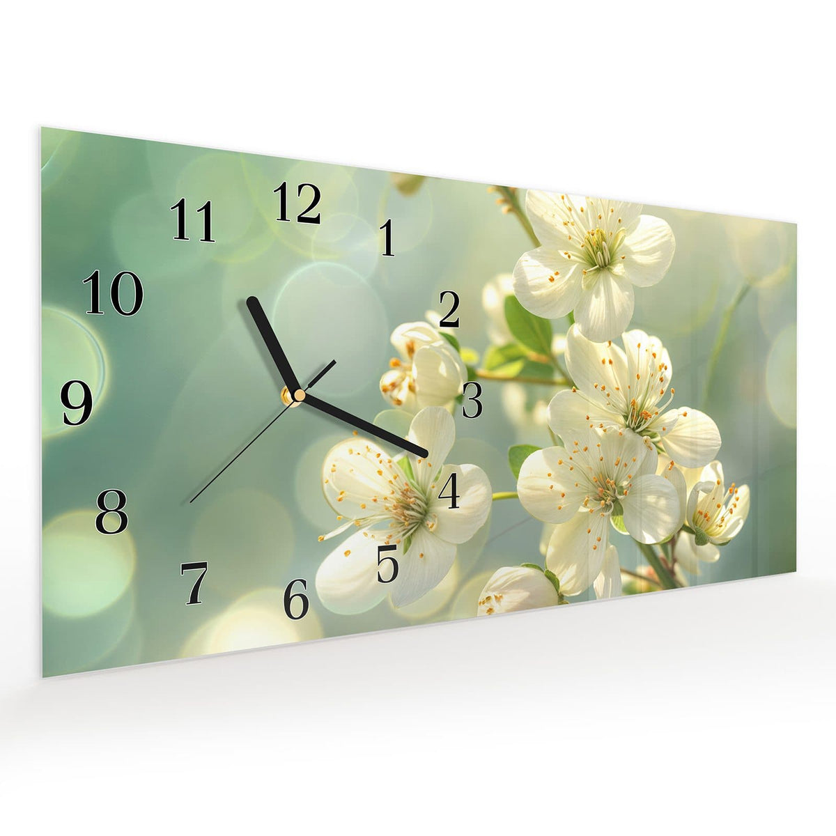 Vormontiert – mit Schwebeeffekt – Wanduhr Frühling erwacht aus Glas – Querformat 60 × 30 cm