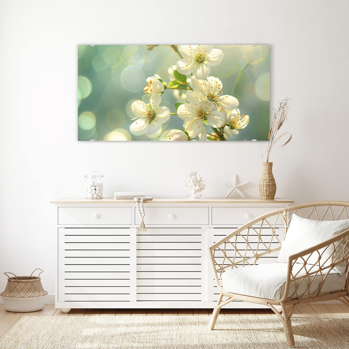 Echtglas, 4 mm – kein Acryl, keine Folie – Wandbild - Weiße Blüten vor Grün - Querformat