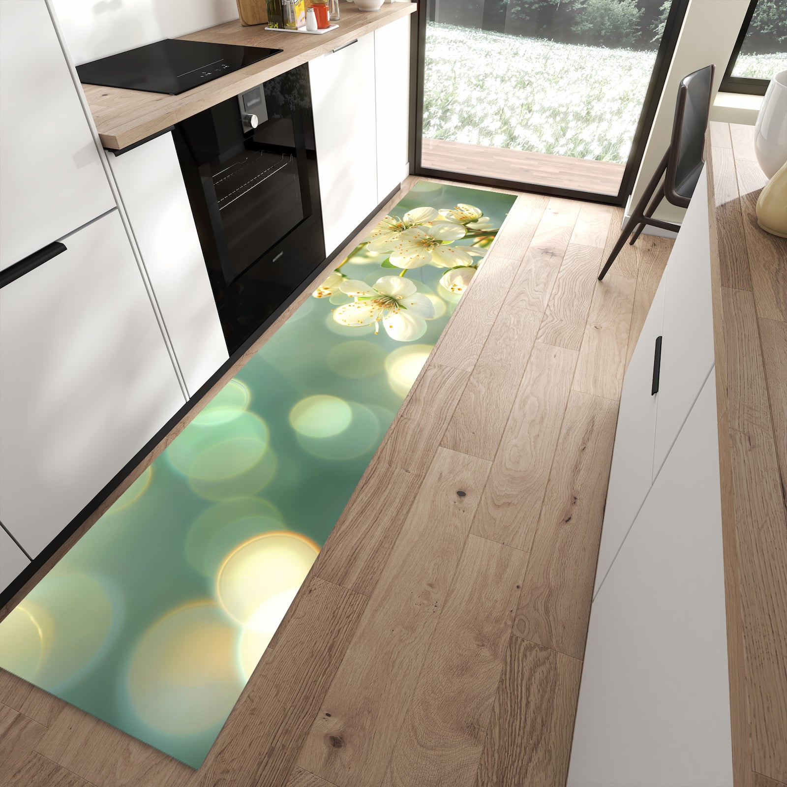 Abriebfester waschbarer Teppich fürs Esszimmer mit Motiv Frühlingserwachen in moderner Küche