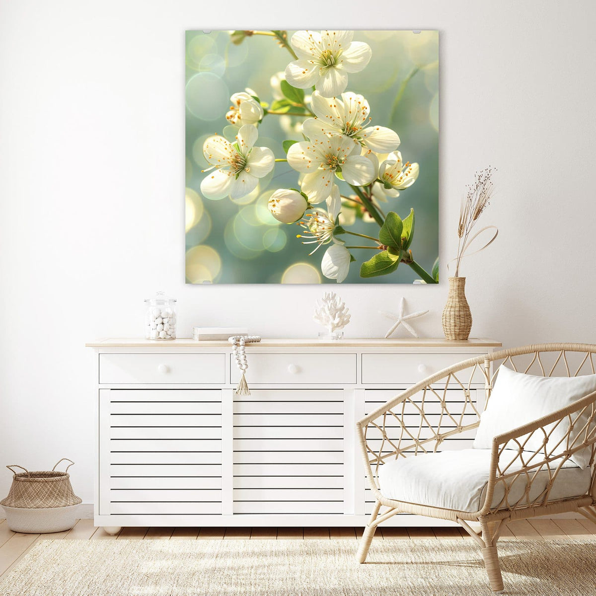 Glasbild Weiße Blüten vor Grün an der Wand – weiße Blüten mit gelben Staubgefäßen vor mintgrünem Bokeh