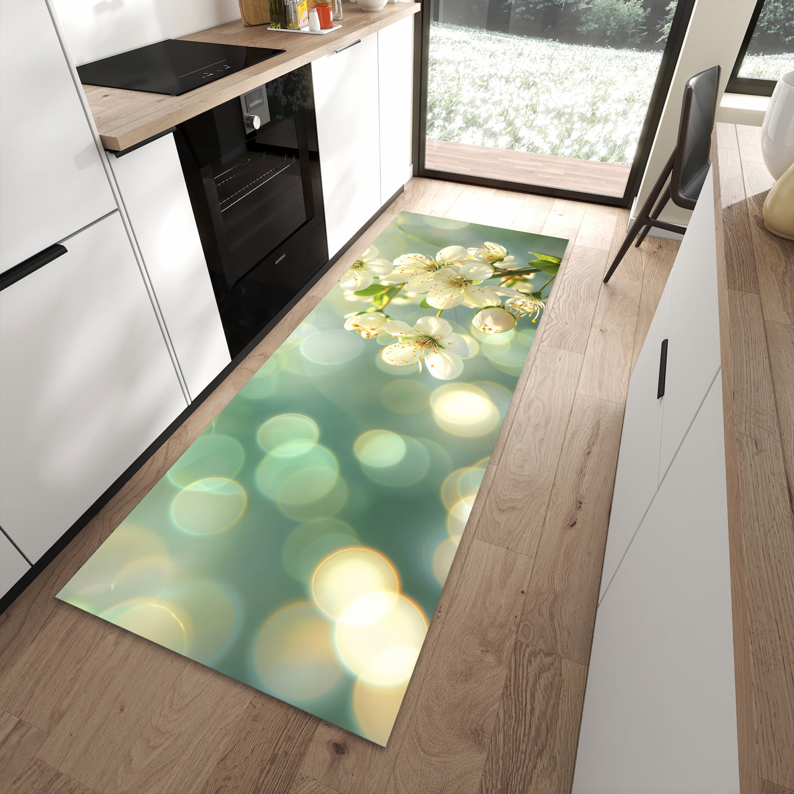 Langlebiger Küchenteppich mit Motiv Frühlingserwachen in moderner Küche