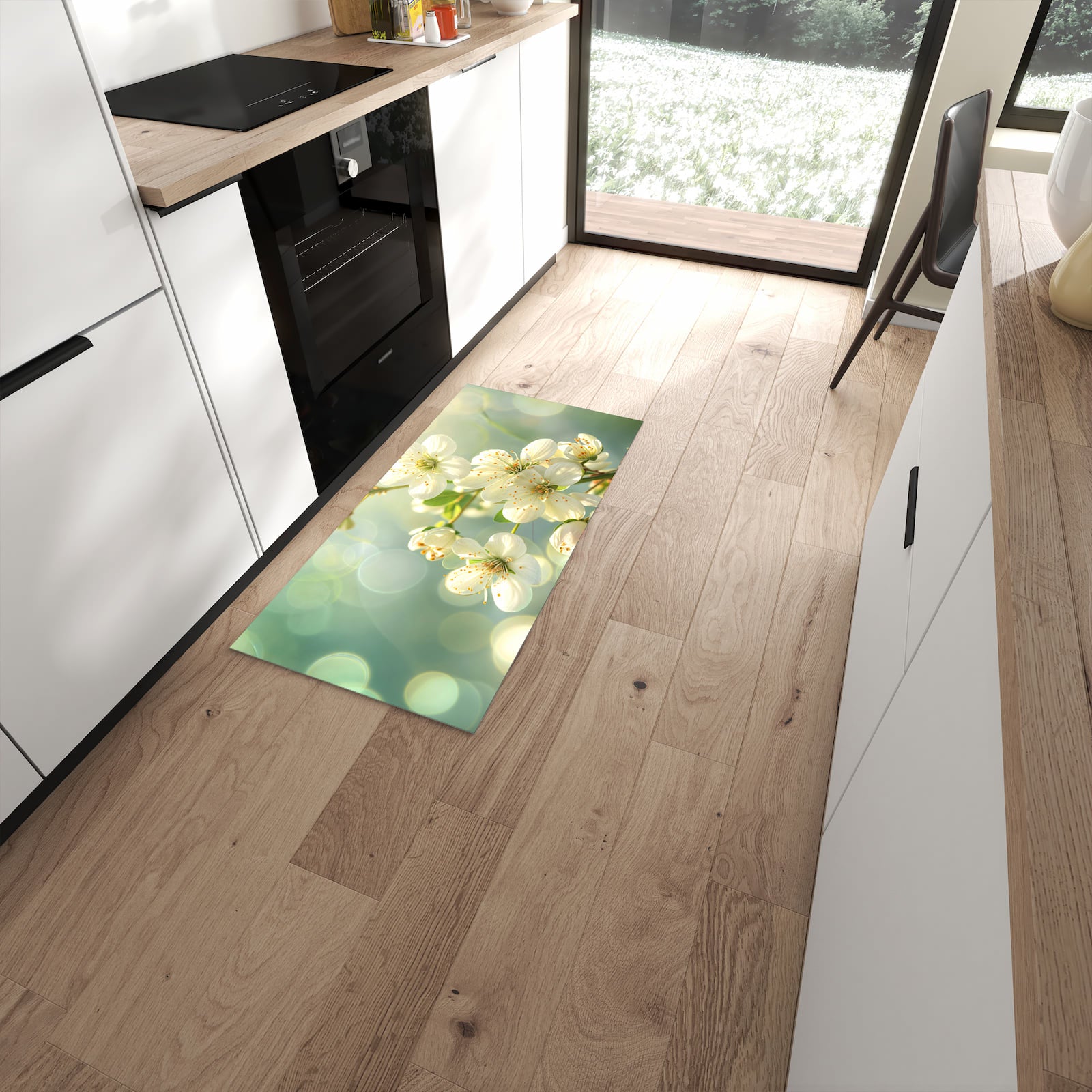 Farbbeständiger Läufer für den Eingangsbereich mit Motiv Frühlingserwachen in moderner Küche #grösse_60 x 120 cm
