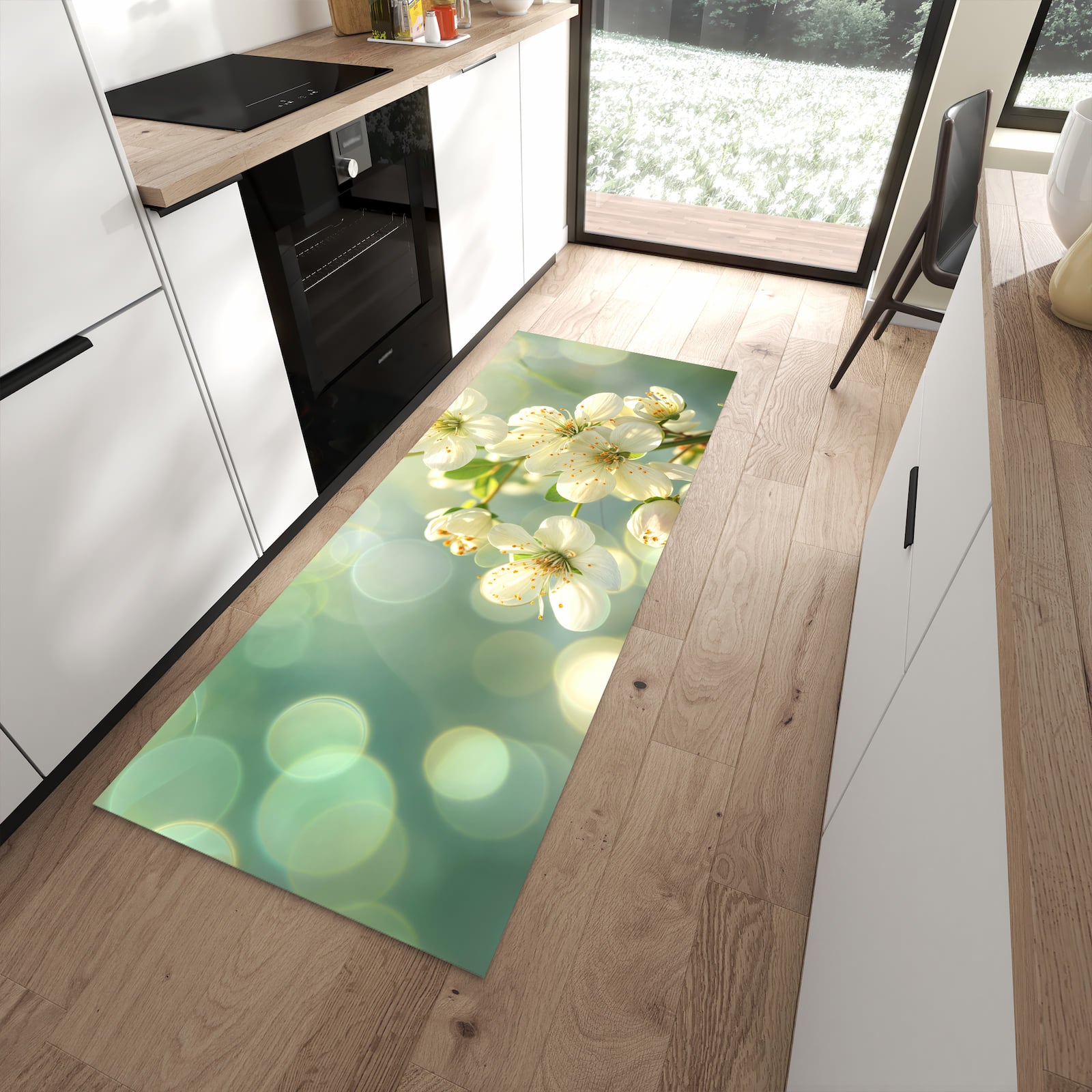 Rutschfester Küchenteppich mit Motiv Frühlingserwachen für Trittkomfort in moderner Küche