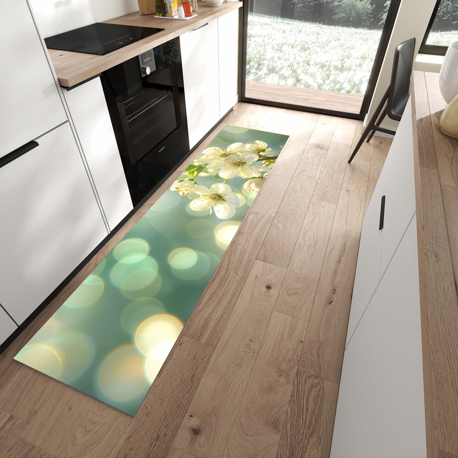 Rutschfester dünner Teppich mit Motiv Frühlingserwachen spart Zeit in moderner Küche