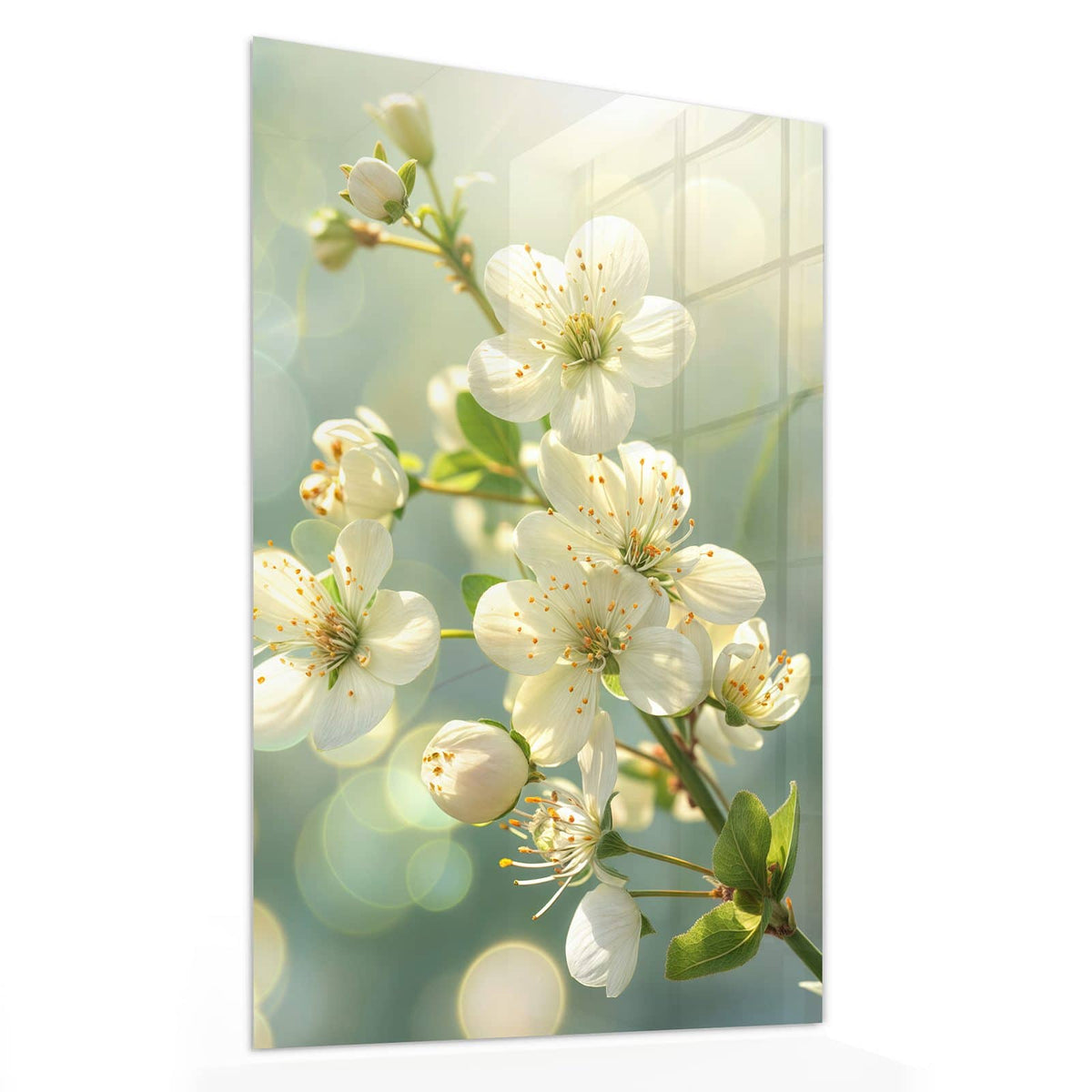 11 Größen – von 30 × 60 bis 60 × 150 cm – Wandbild - Weiße Blüten vor Grün - Hochformat
