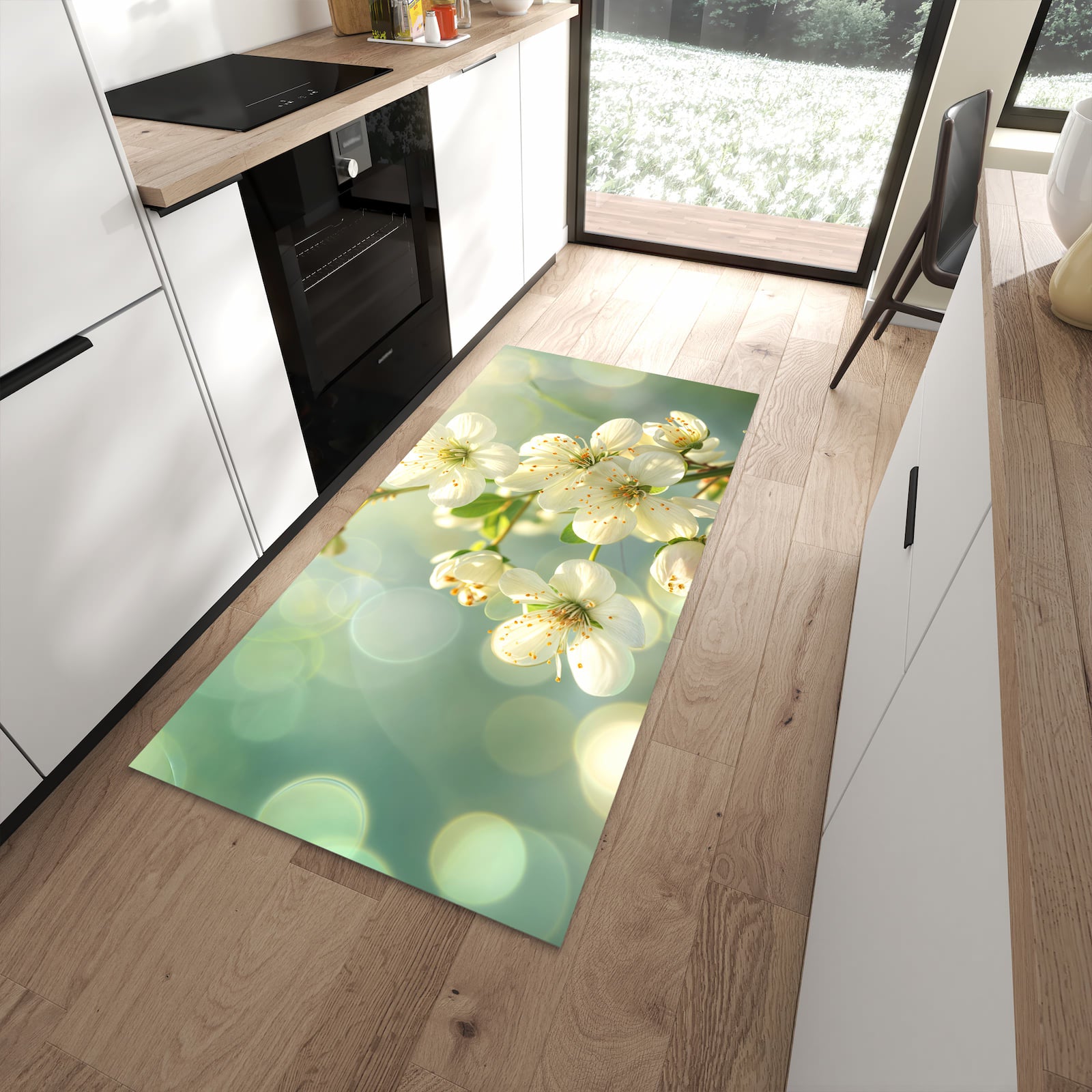 Geruchsneutraler waschbarer Küchenteppich mit Motiv Frühlingserwachen in moderner Küche